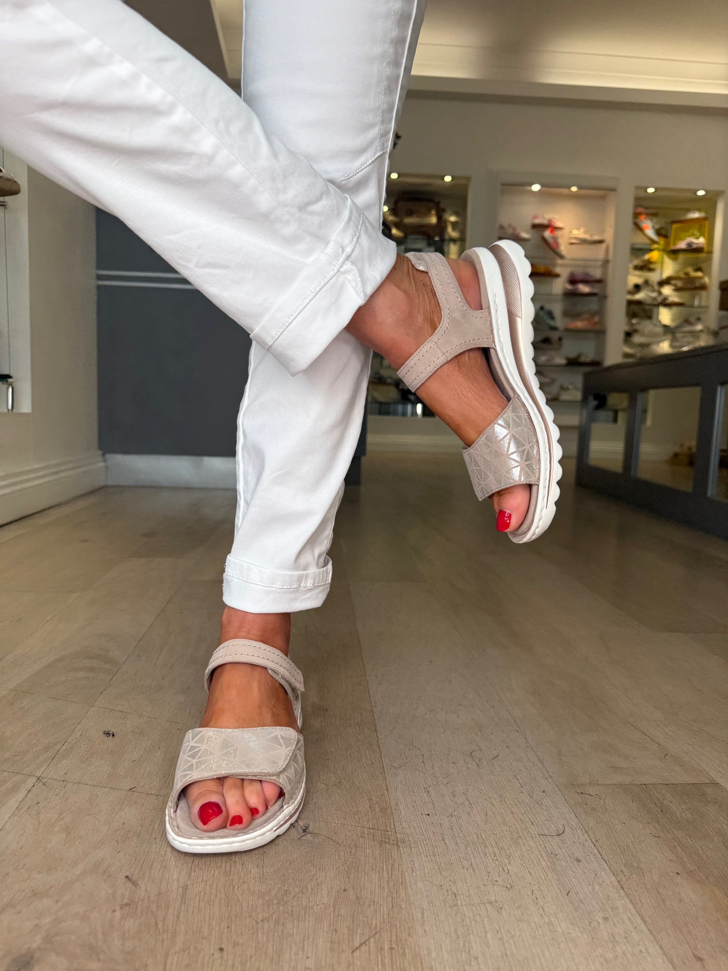 Ara -Soft Beige/ Silver Mix Velcro Strap Sandal