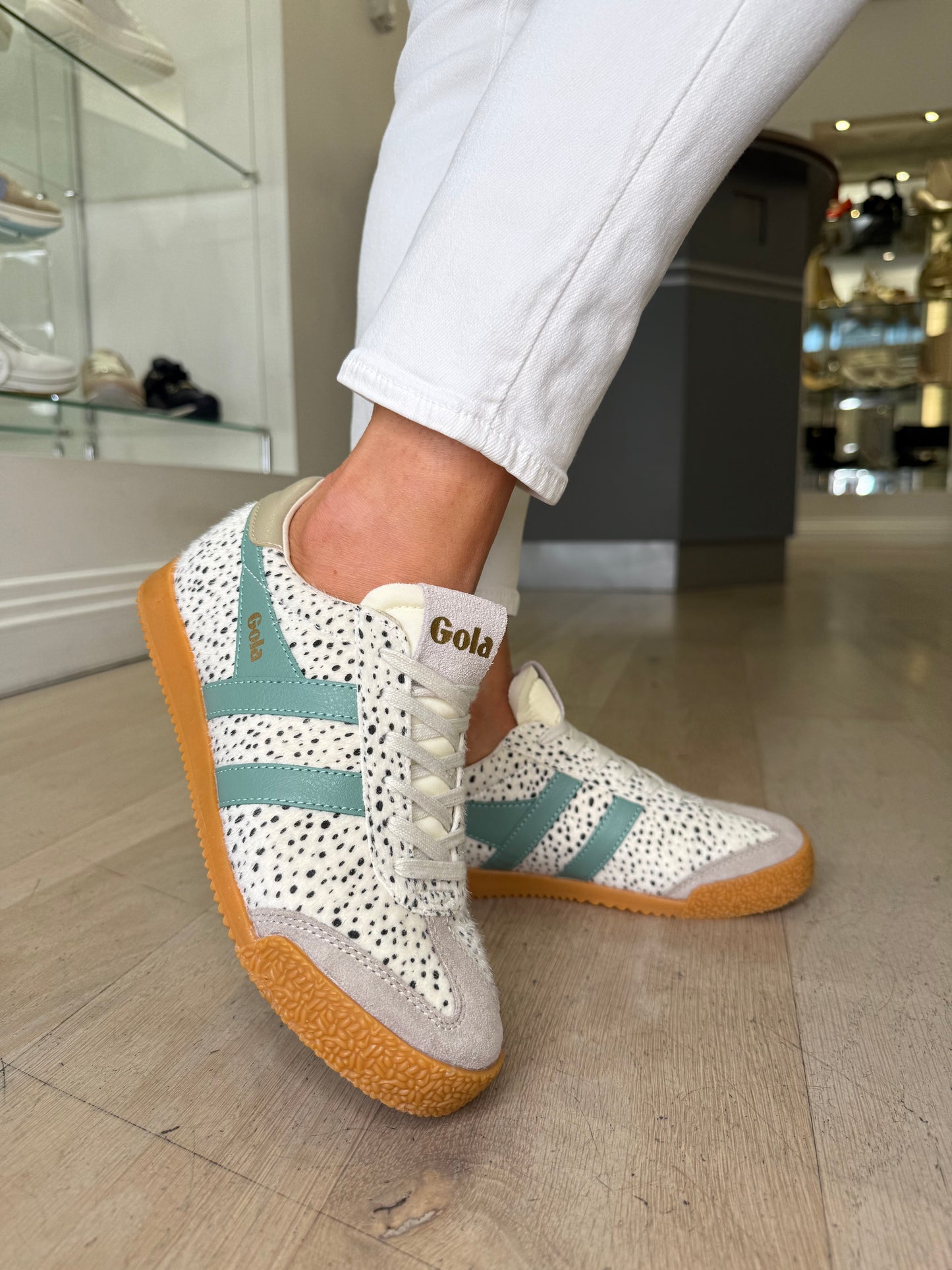 Gola - Elan Cheetah Print Trainer With Feather Grey Suede & Sage Green Trim