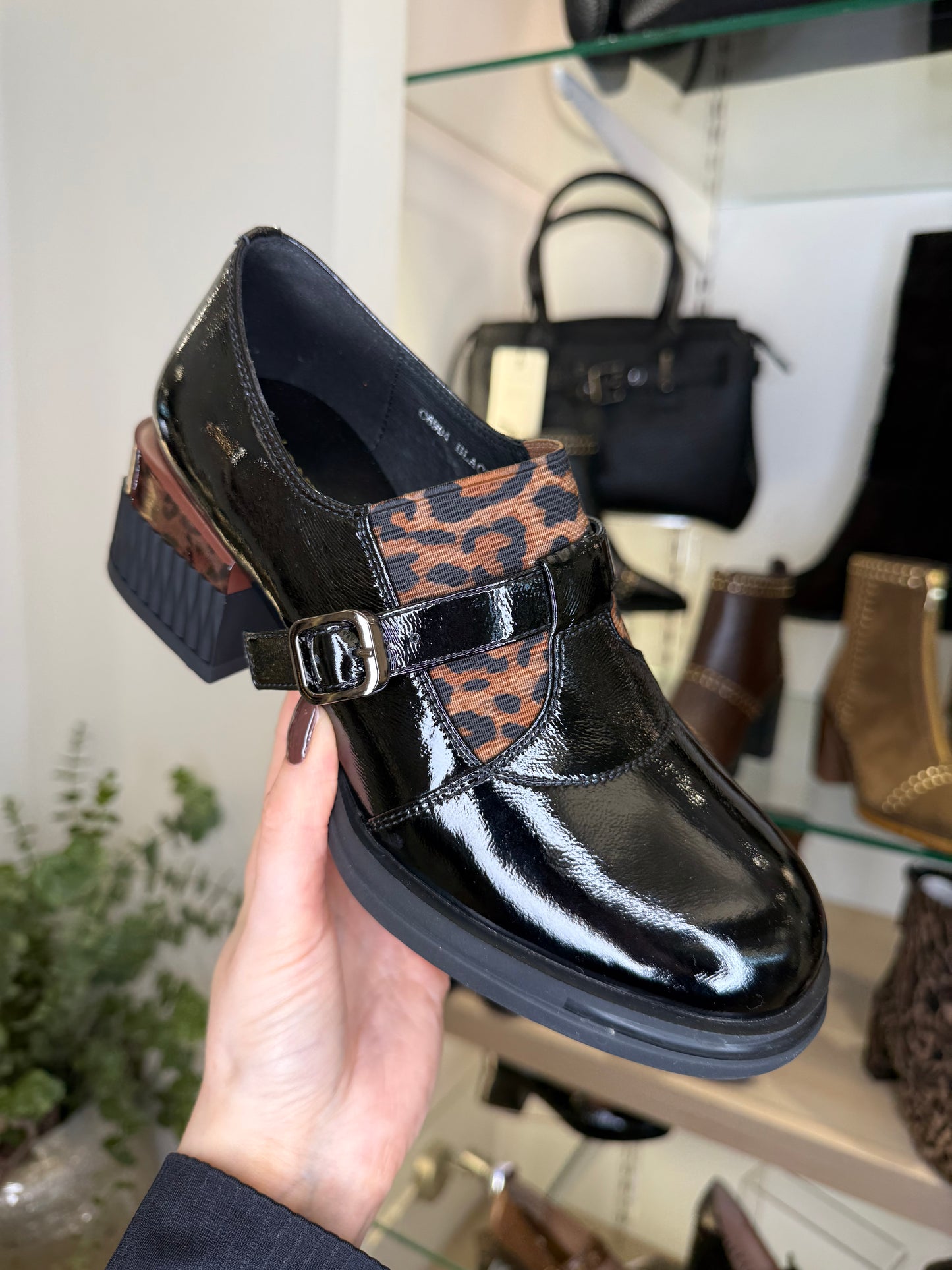 Loretta Vitale - Black Patent Block Heel Brogue Wit Leopard Print Trim