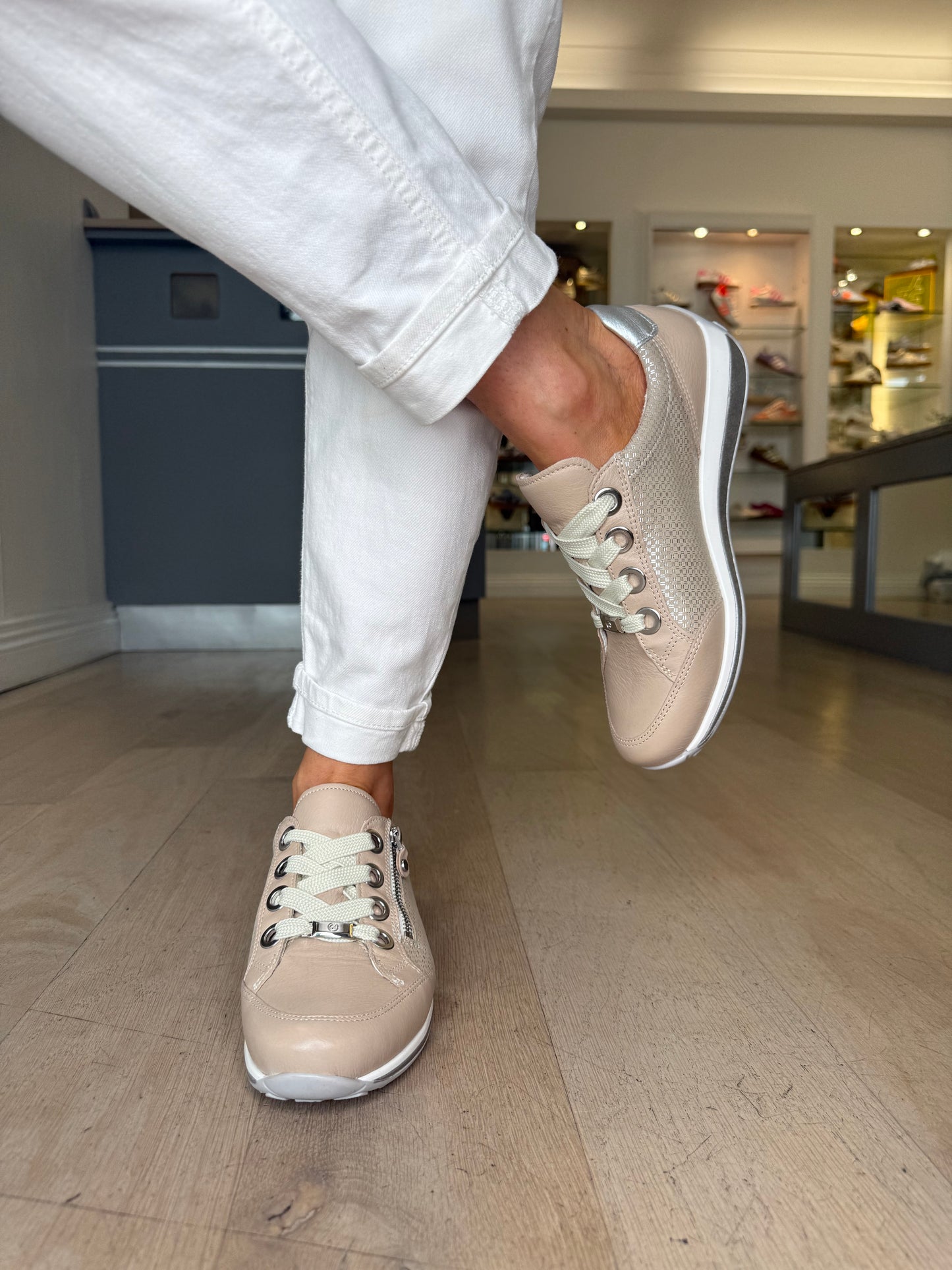 Ara - Osaka Beige/ Silver Trainer With Side Zip