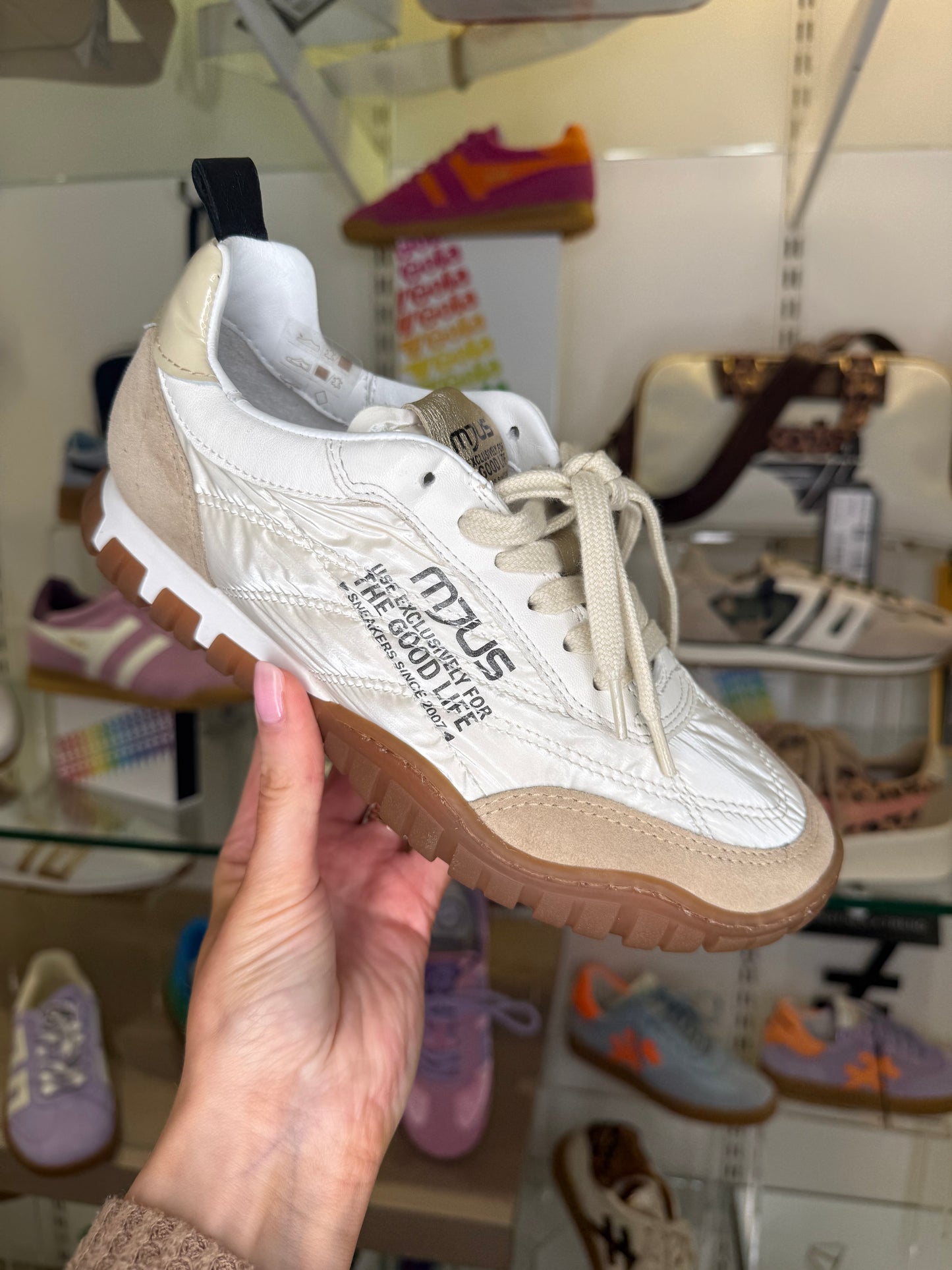 Mjus - Taupe Suede Trainer With Quilted Cream Lace Up Trainer