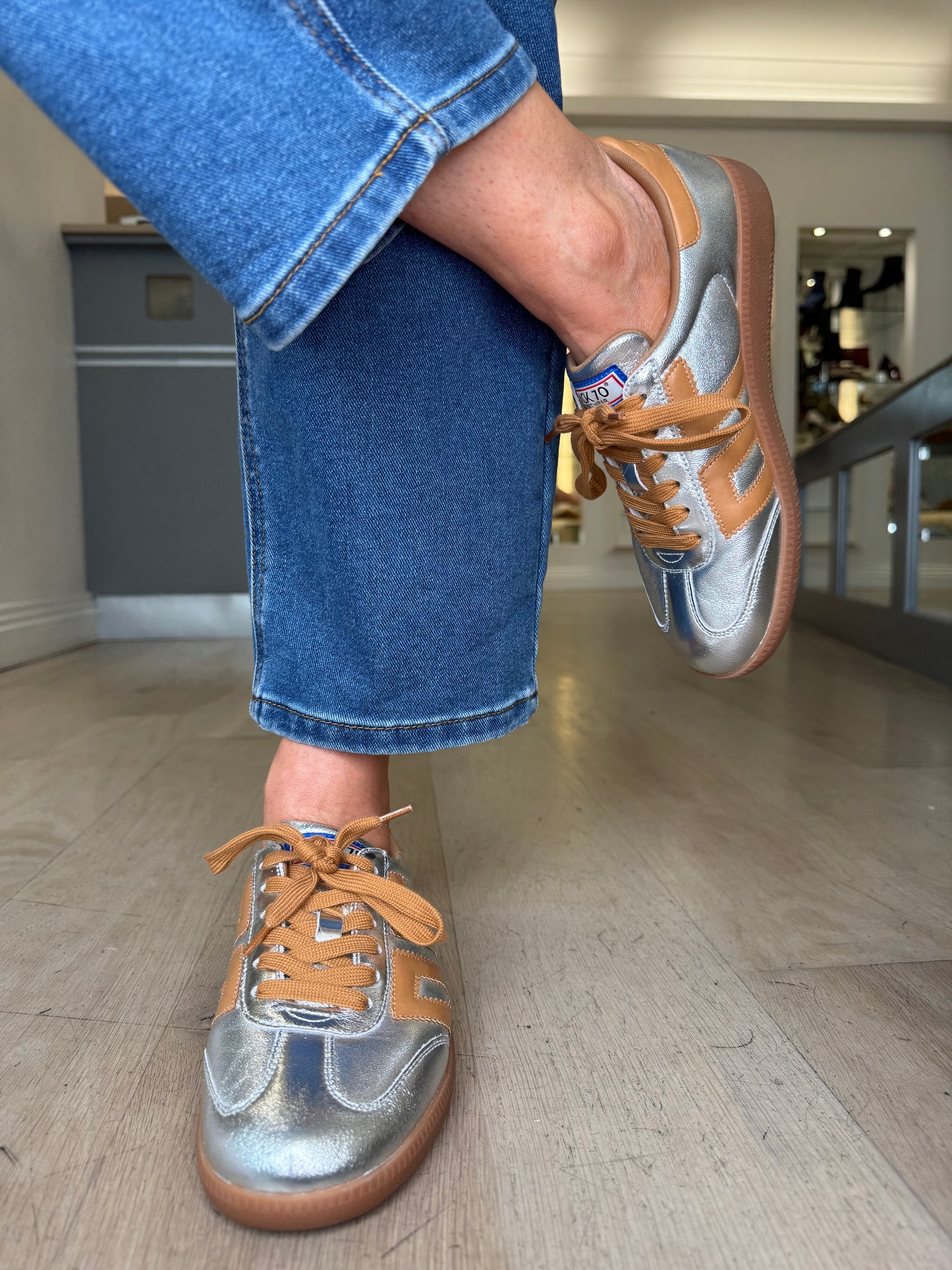 Back 70 - Cloud Metallic Silver Trainer With Tan Trim