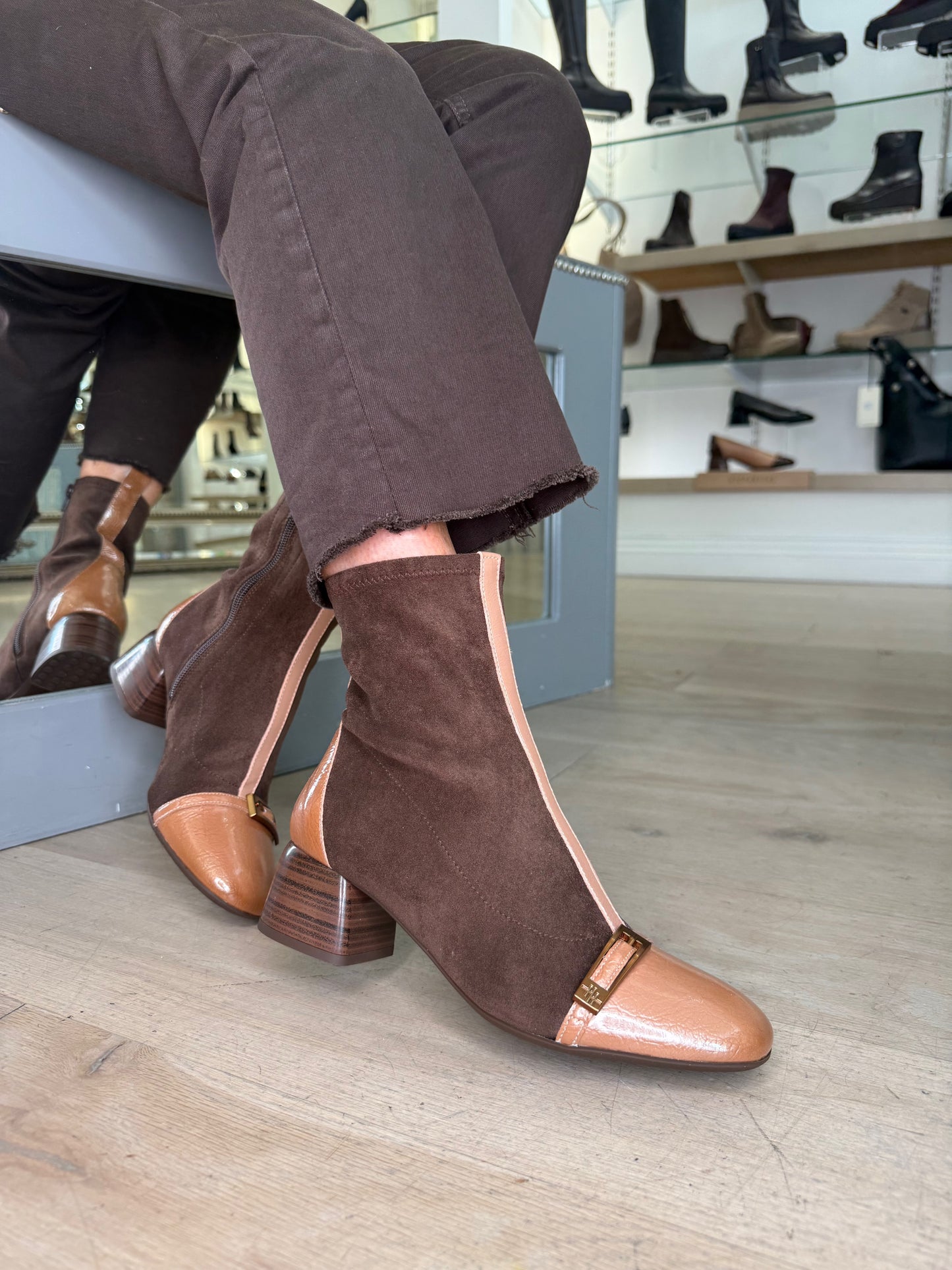 Hispanitas - Rich Brown Suede Boot With Almond Patent Leather Trim
