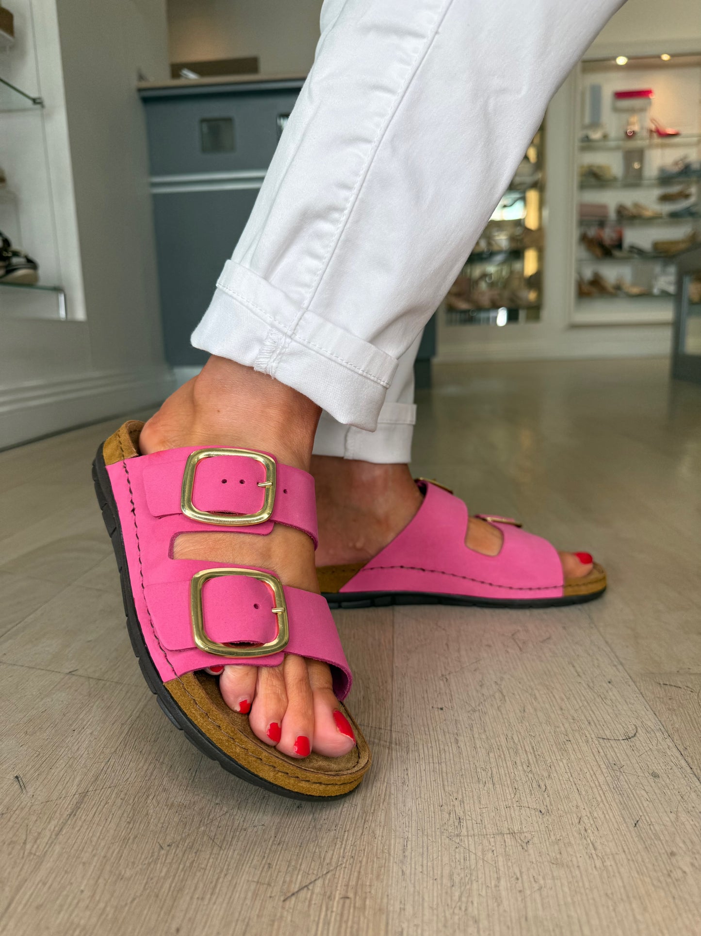 Rohde - Hot Pink Suede 2 Strap Slider With Gold Buckle Trim