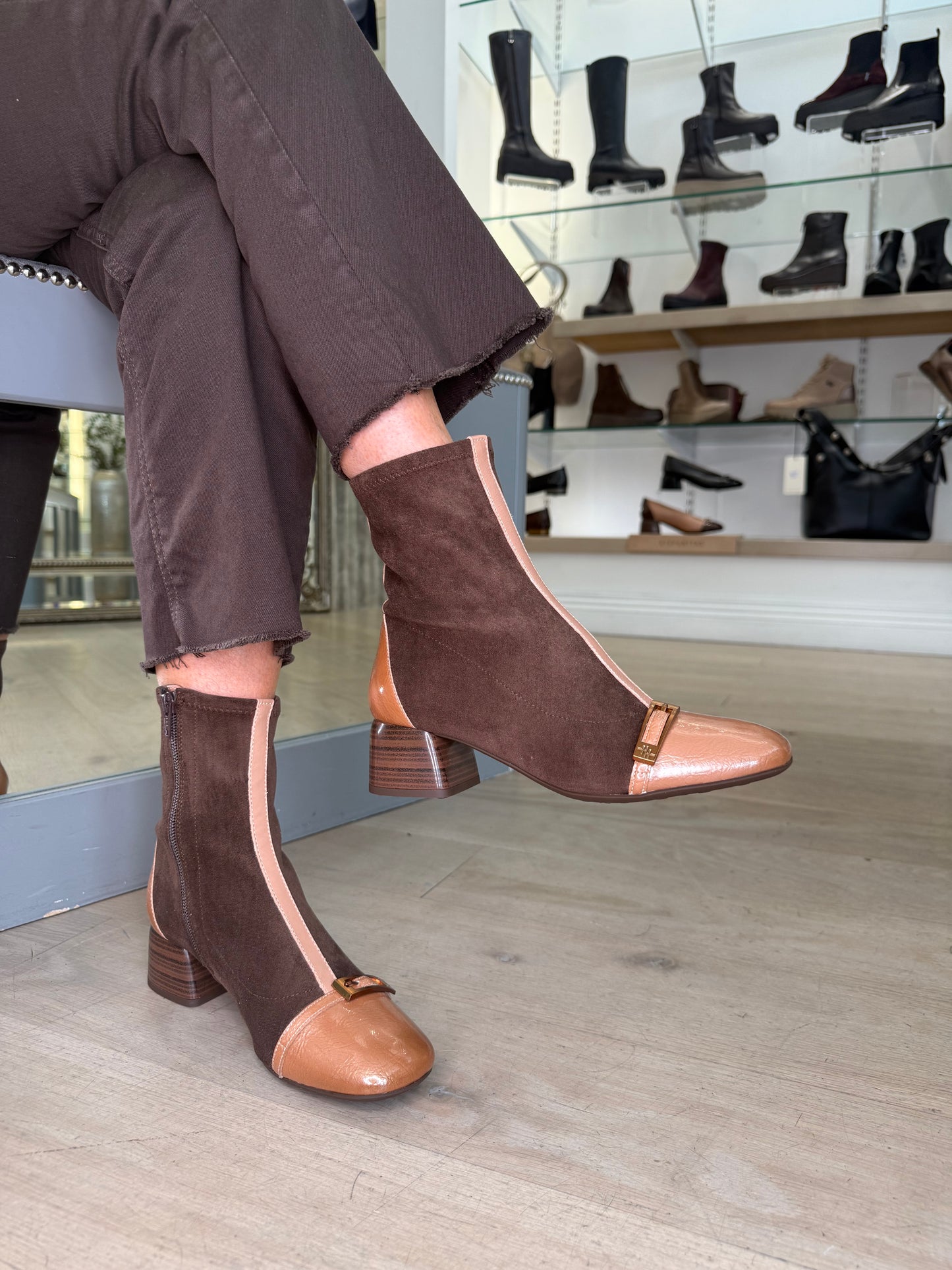 Hispanitas - Rich Brown Suede Boot With Almond Patent Leather Trim