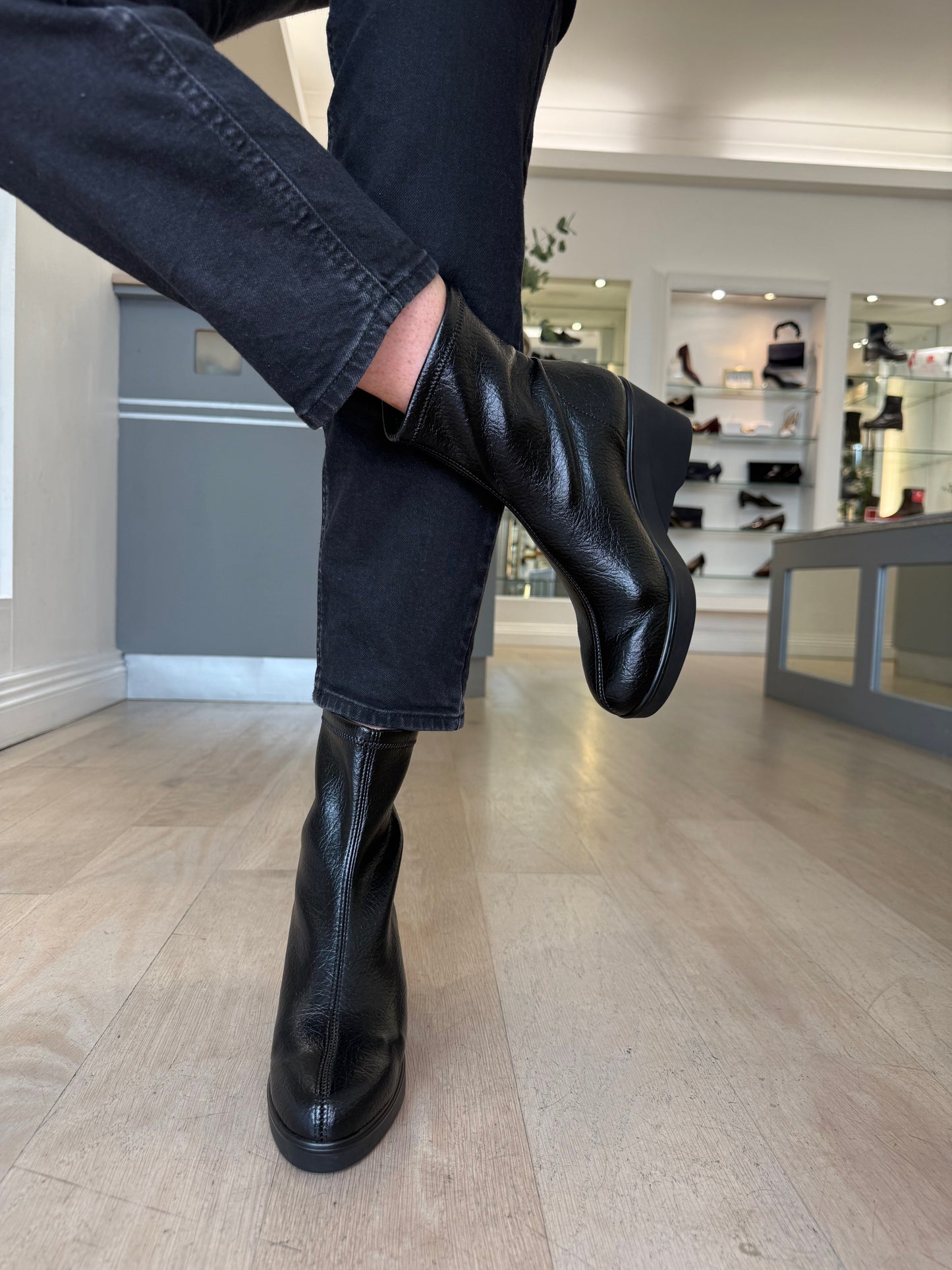 Miss Elastic - Black Leather Stretch Sock Wedge Boot