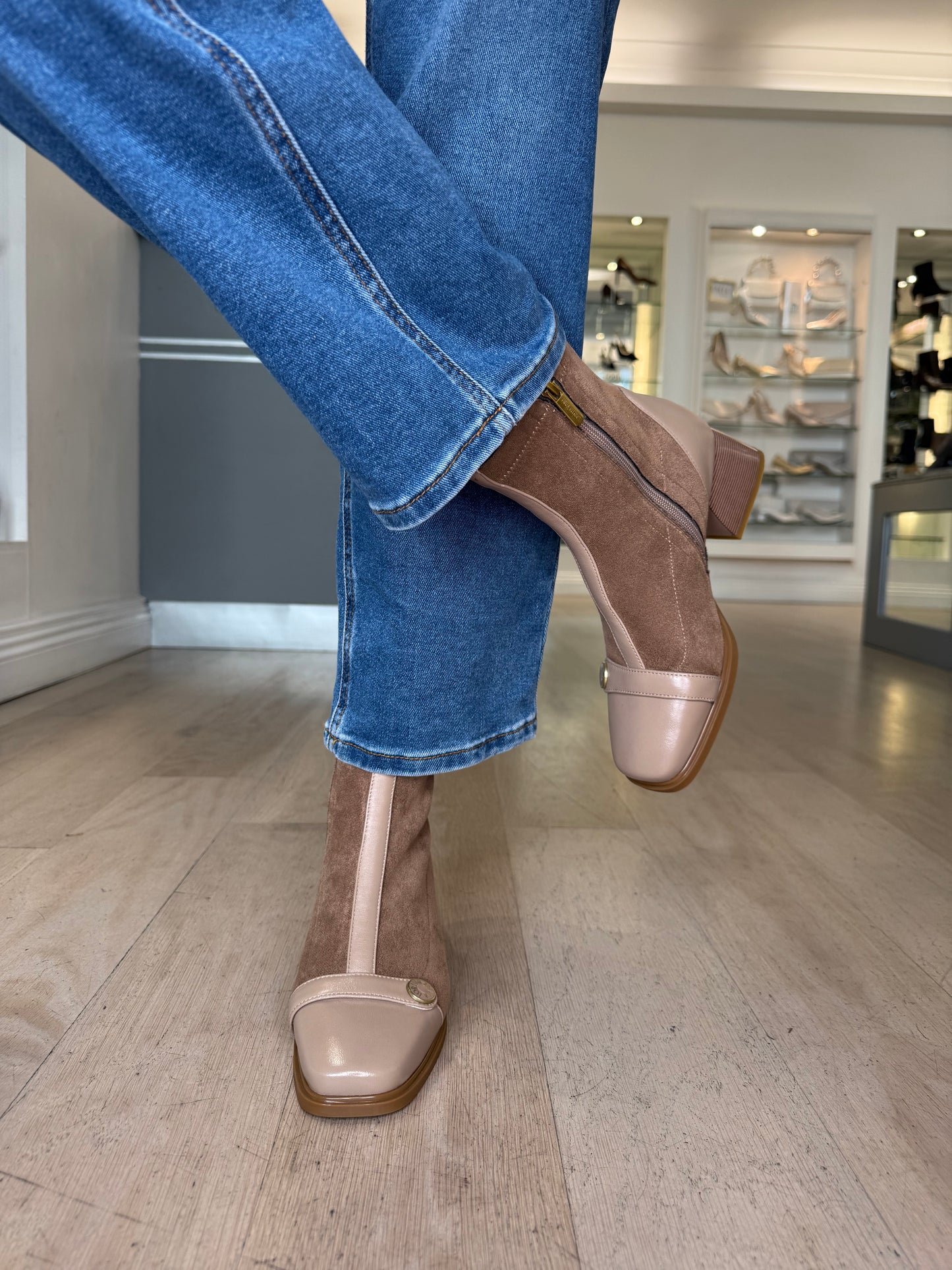 Loretta Vitale - Camel Suede & Leather Mix Square Toe Boot