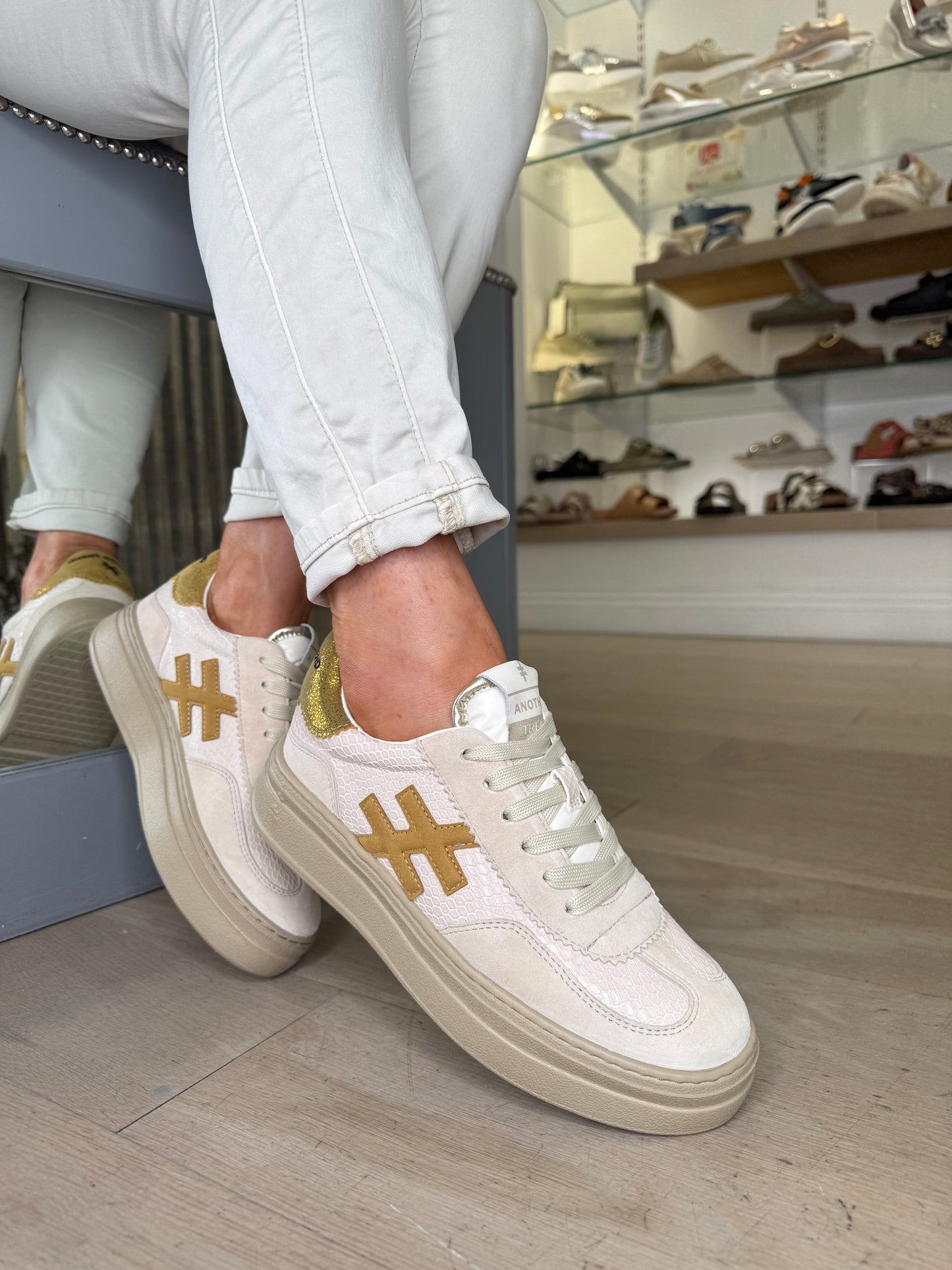 Another Trend - Beige Suede/ Snake Print Flatform Chunky Trainer With Yellow/Gold Trim