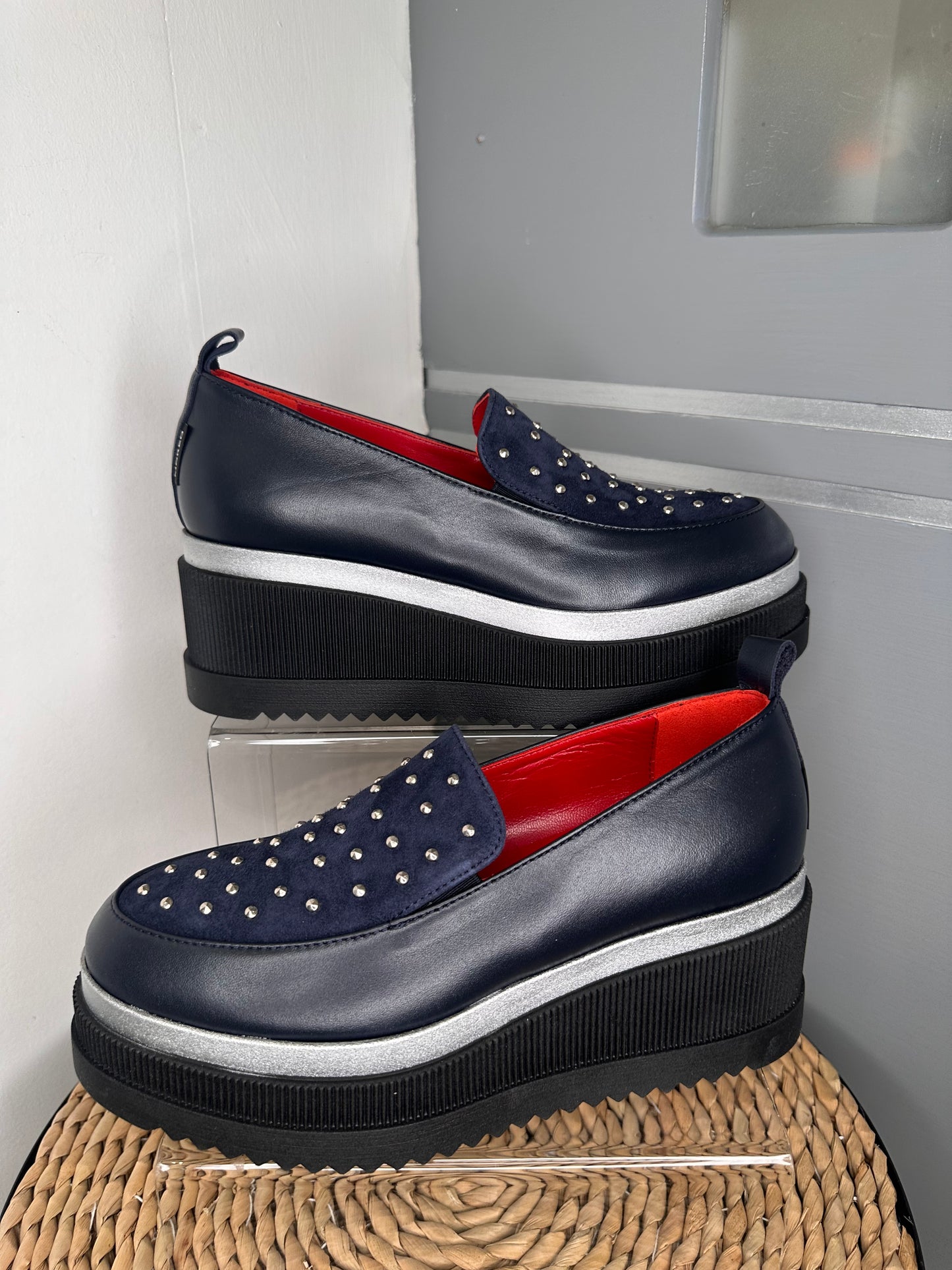 Marco Moreo - Navy Leather/ Suede Chunky Slip On Shoe With Fine Stud Trim