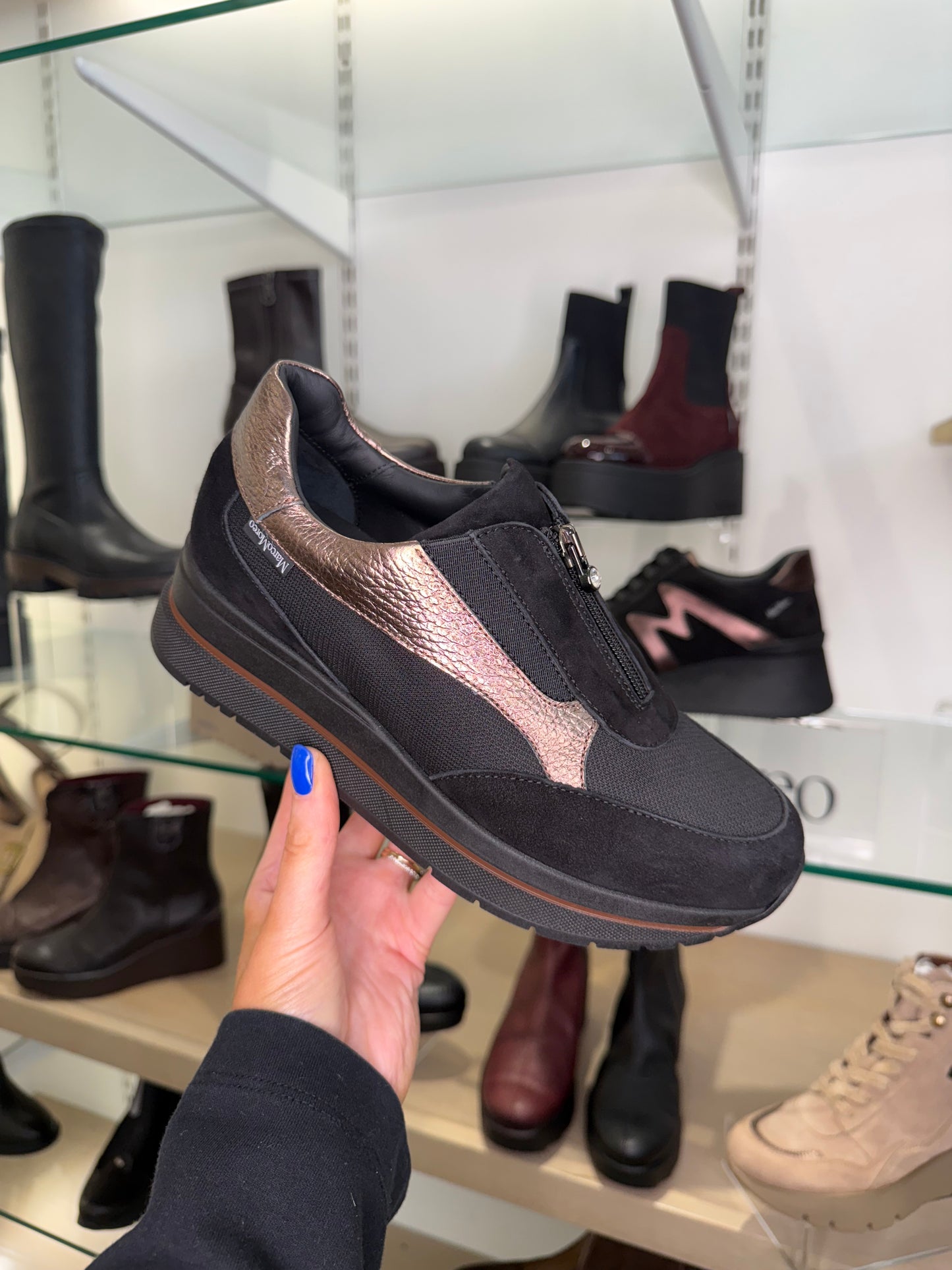 Marco Moreo - Gilda Black Suede & Fabric Mix Zip Up Shoe With Bronze Metallic Trim