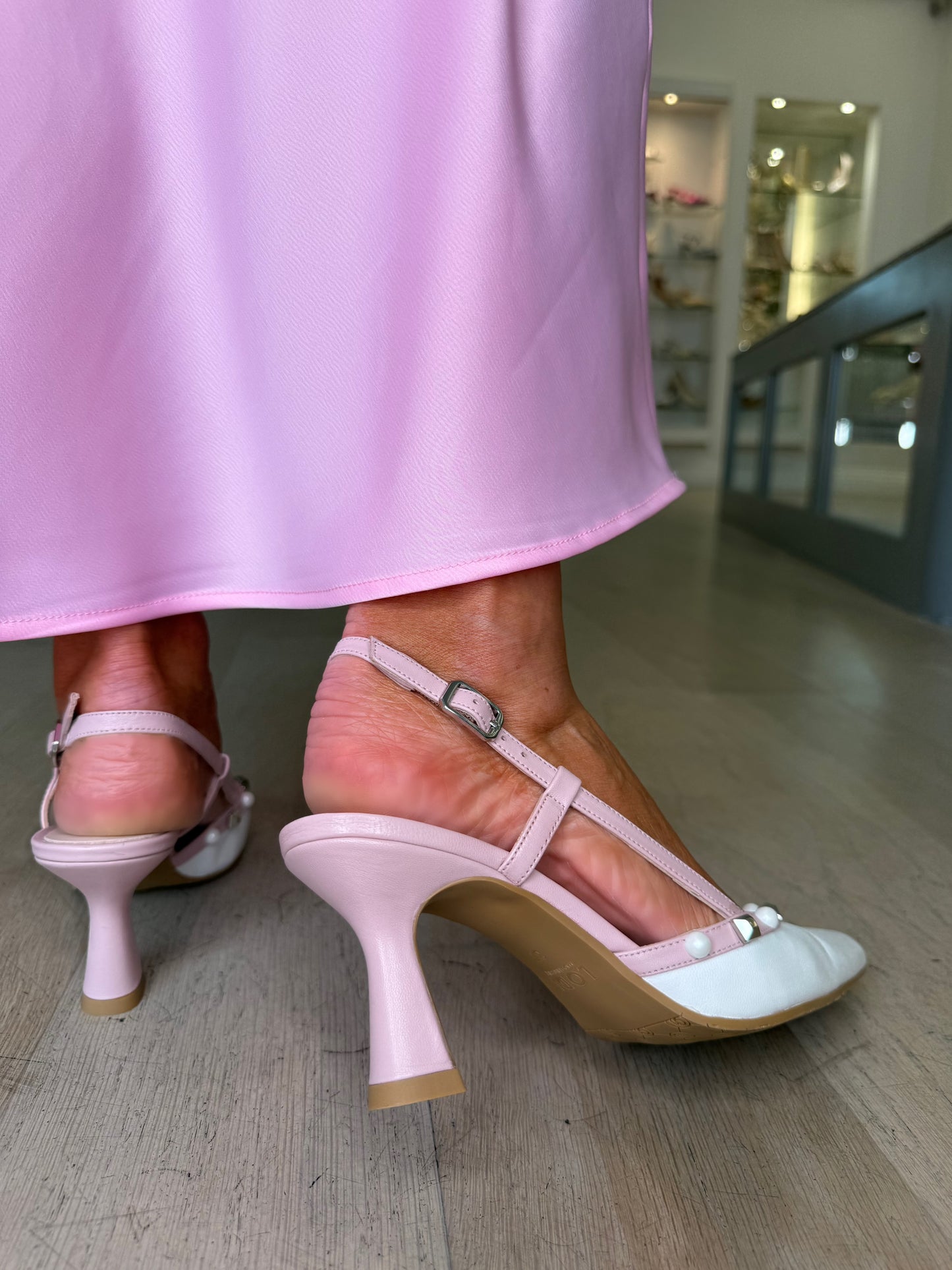 Lodi - White/ Pink Slingback Court Shoe With Pearl & Silver Stud Trim