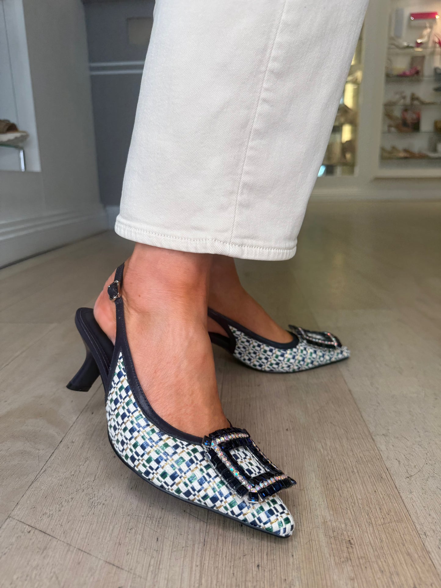 Lodi - Raffia Multi Navy Pointy Toe Slingback Shoe With Stone Trim