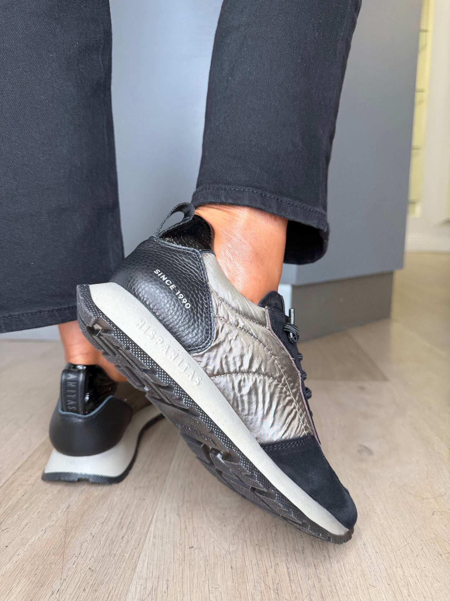 Hispanitas - Black Suede/ Taupe Padded Fabric Mix Pull On Trainer