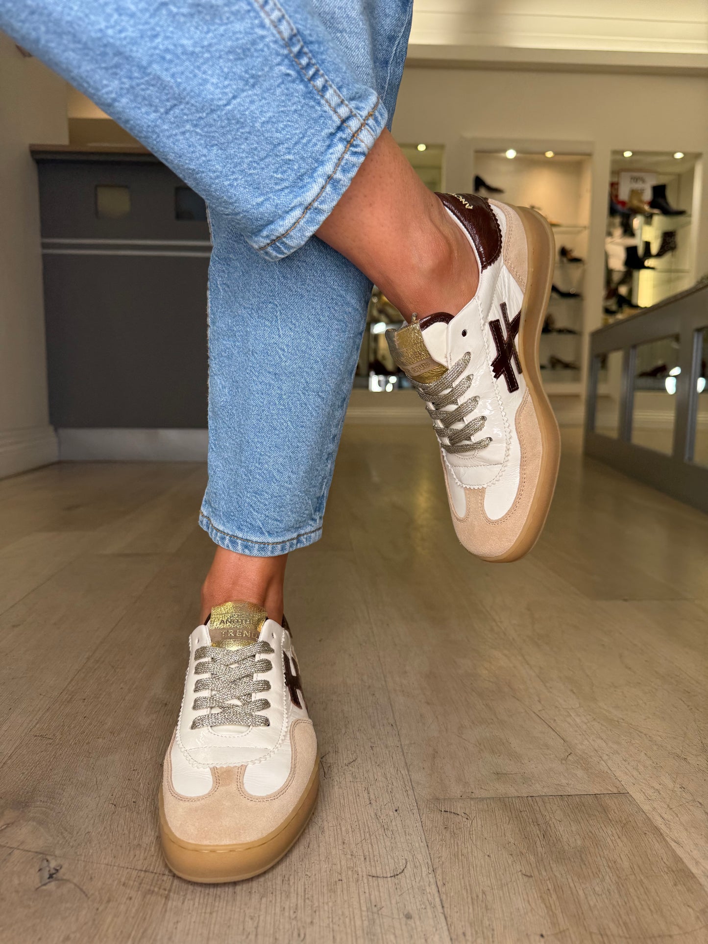 Another Trend - Beige Suede & Rich Cream Flexy Patent Trainer With Brown Trim