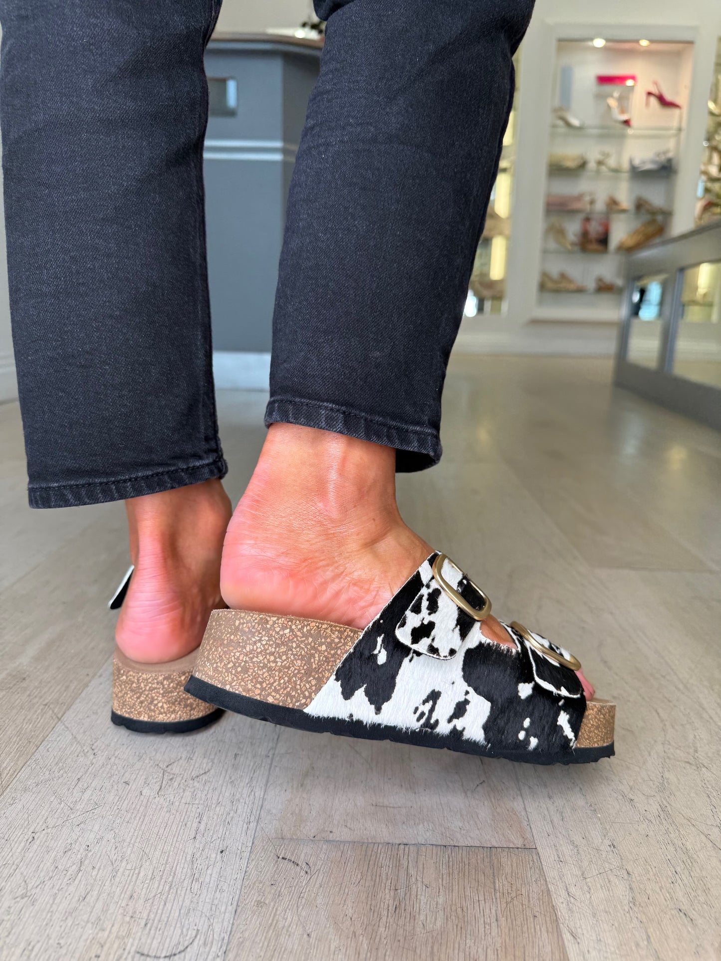 Yokono - Black & White Cow Print 2 Strap Chunky Slider With Gold Buckle Trim