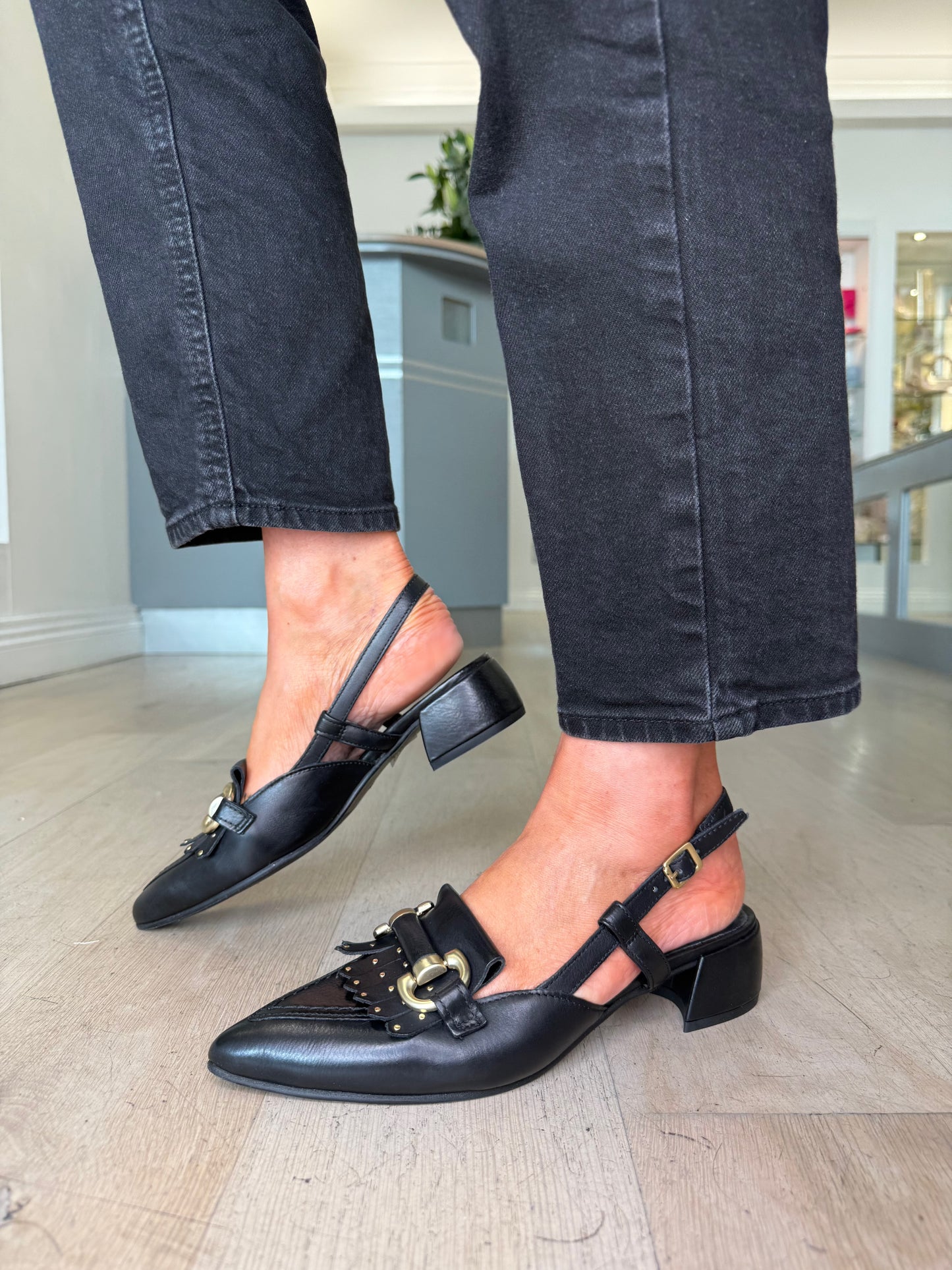 Mjus - Black Leather Pointy Toe Sling Back Shoe With Matt Gold Trim