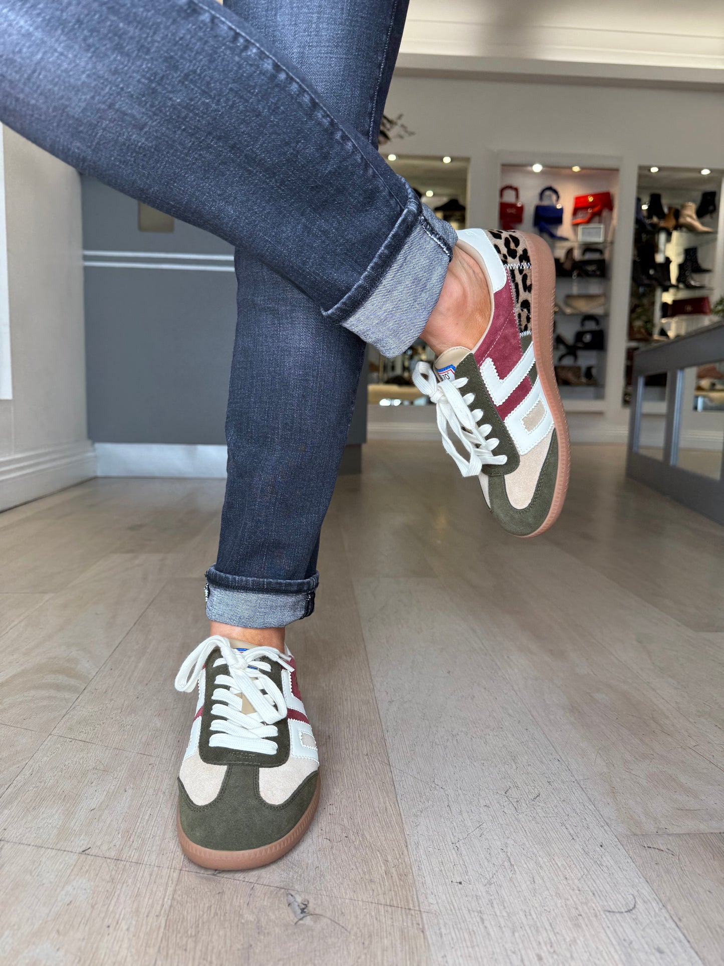 Back 70 - Squid Army Green Suede/ Leopard Print Mix Trainer