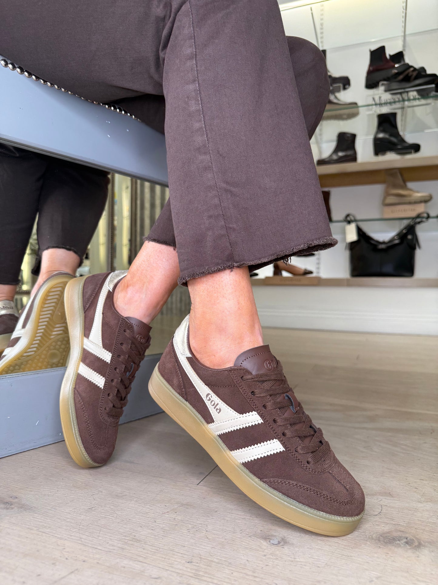 Gola -Viper Rich Brown Suede Trainer With Bone & Gold Coloured Trim