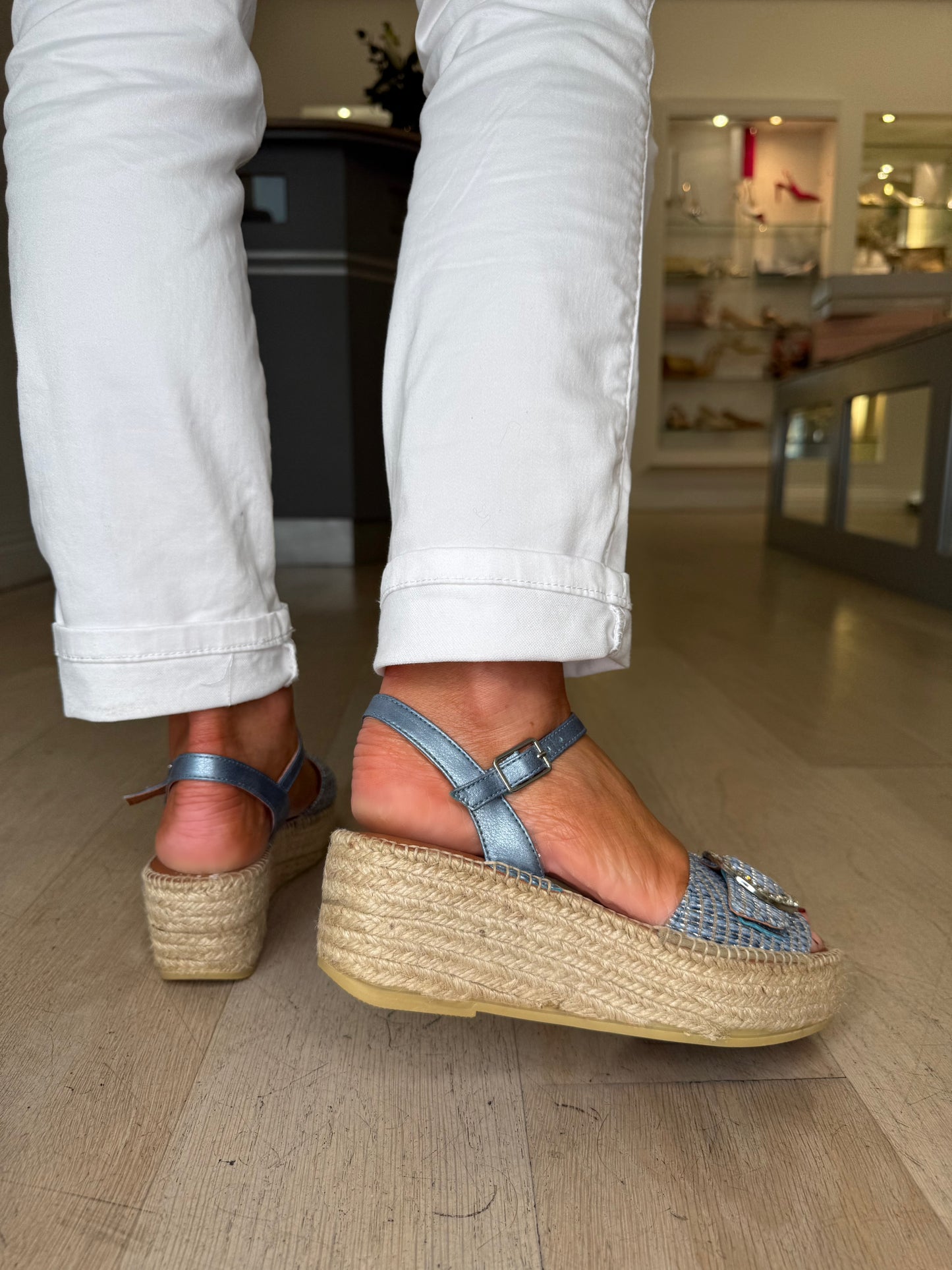 Viguera - Metallic Denim Blue Espadrille Wedge With Diamante Buckle Trim