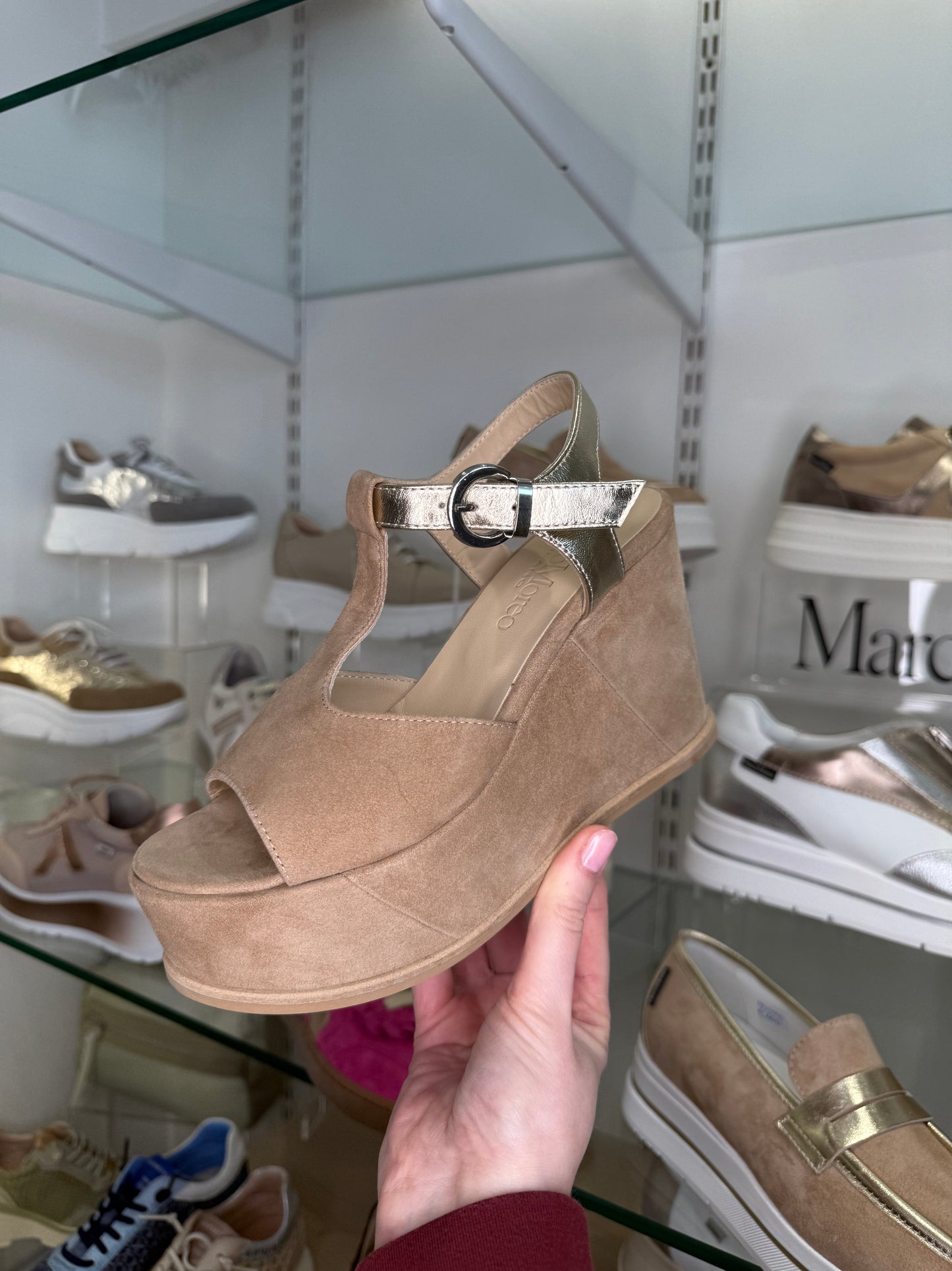 Marco Moreo -Allegra Rich Beige Suede T-Bar Wedge Sandal With Metallic Gold Trim