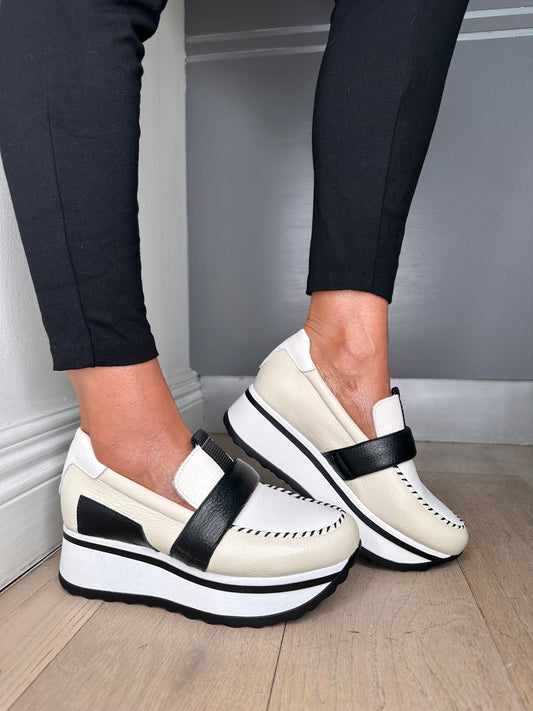 Jose Saenz- Black, Cream & White Mix Chunky Slip On Shoe