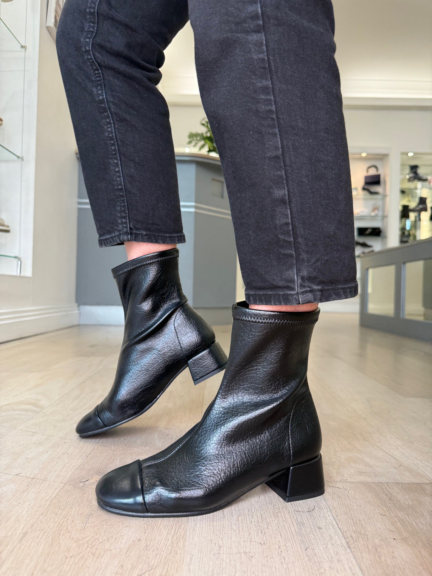 Miss Elastic - Black Stretch Leather Sock Boot With Medium Heel