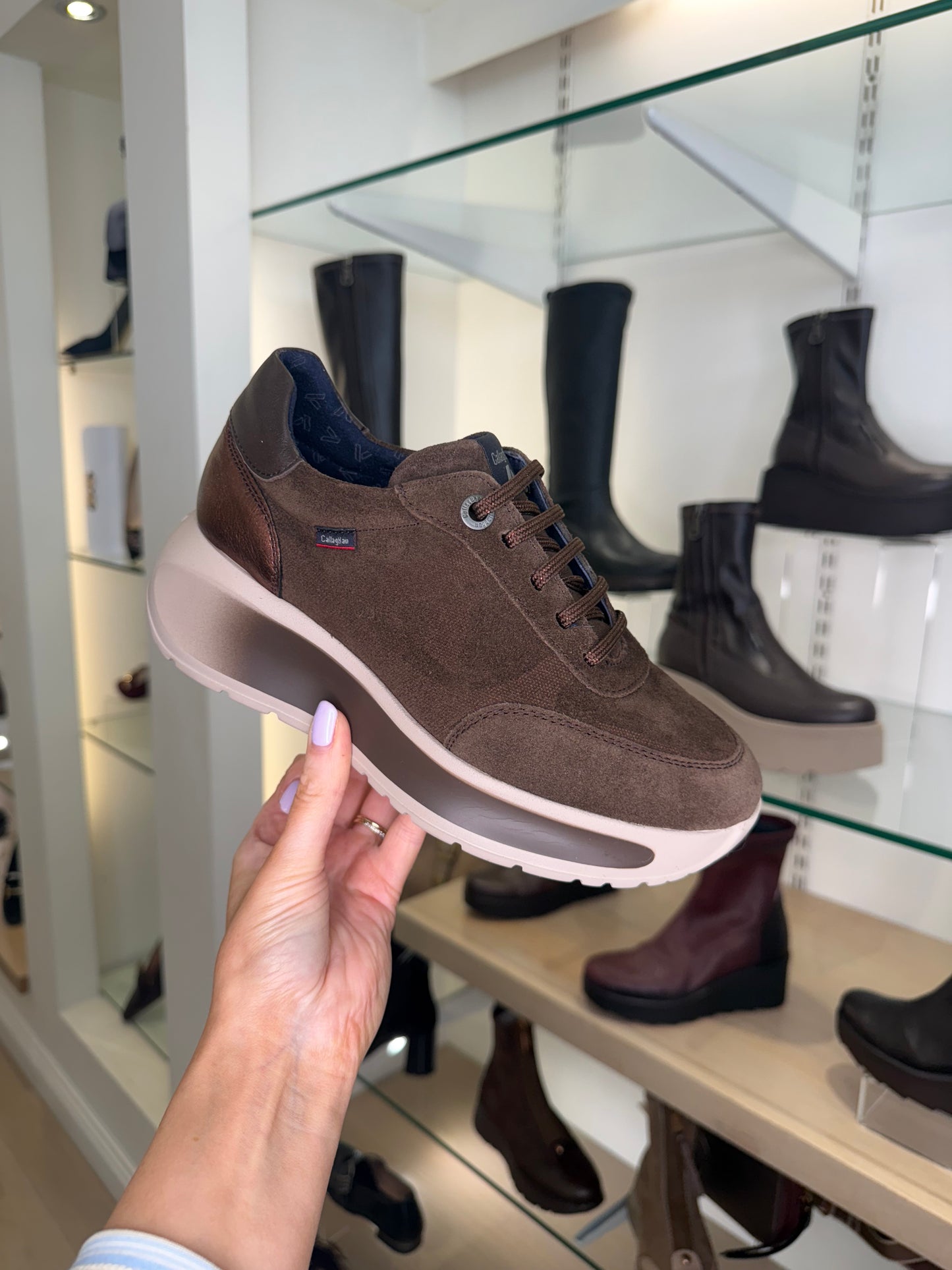 Callaghan - Chocolate Brown Suede Lace Up Chunky Sole Trainer With Bronze Trim