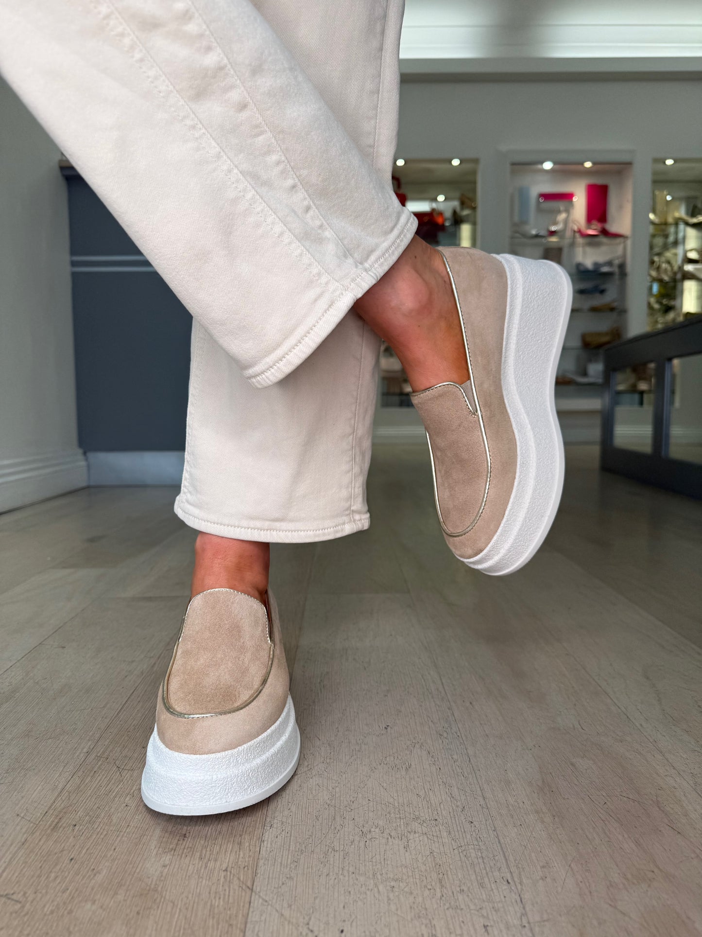 Marco Moreo - Beige Suede Chunky Slip On Shoe With Subtle Gold Trim