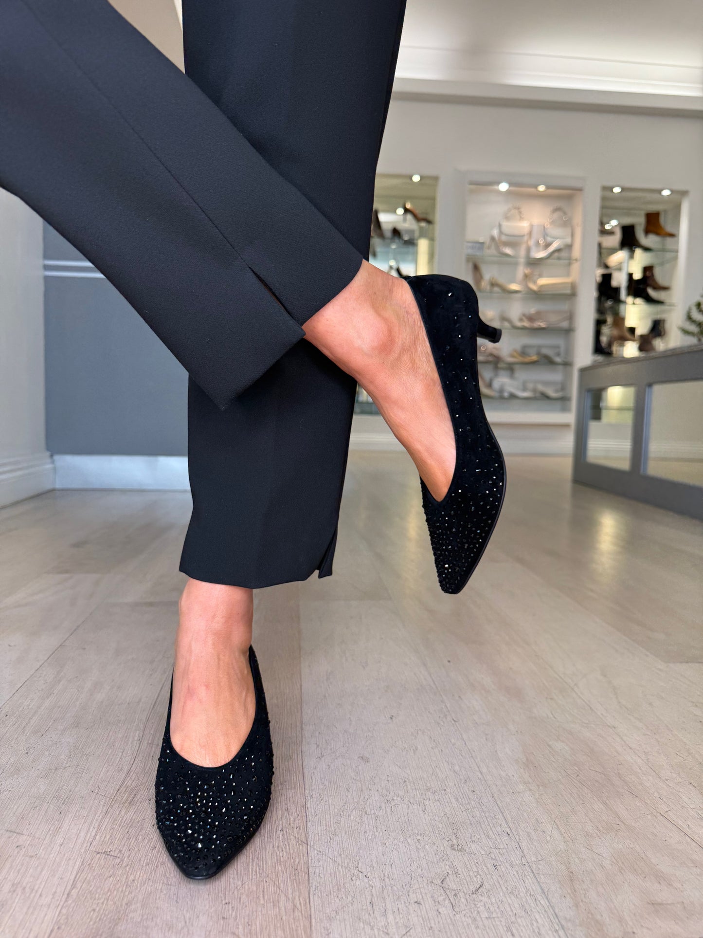 Pedro Anton - Black Suede Pointy Toe Kitten Heel Shoe With Stone Trim