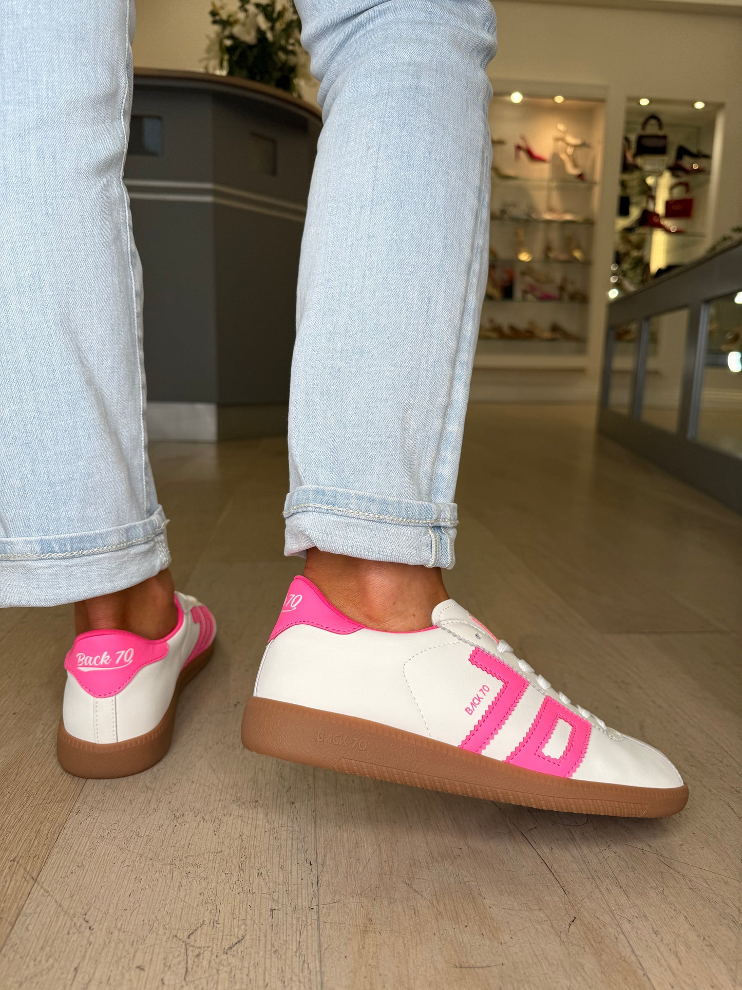 Back 70 -White Leather Trainer With Fluorescent Pink Trim