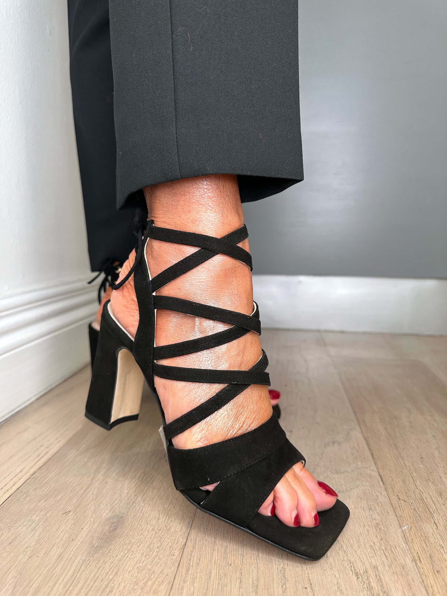 Marian - Black Suede Strappy Block Heel Sandal