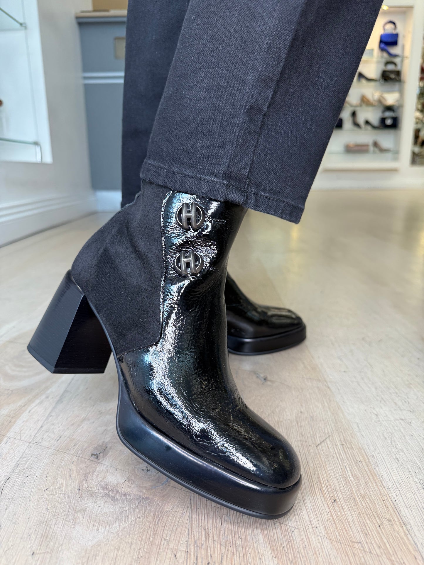 Hispanitas - Black Flexy Patent/ Stretch Suede Block Heel Boot