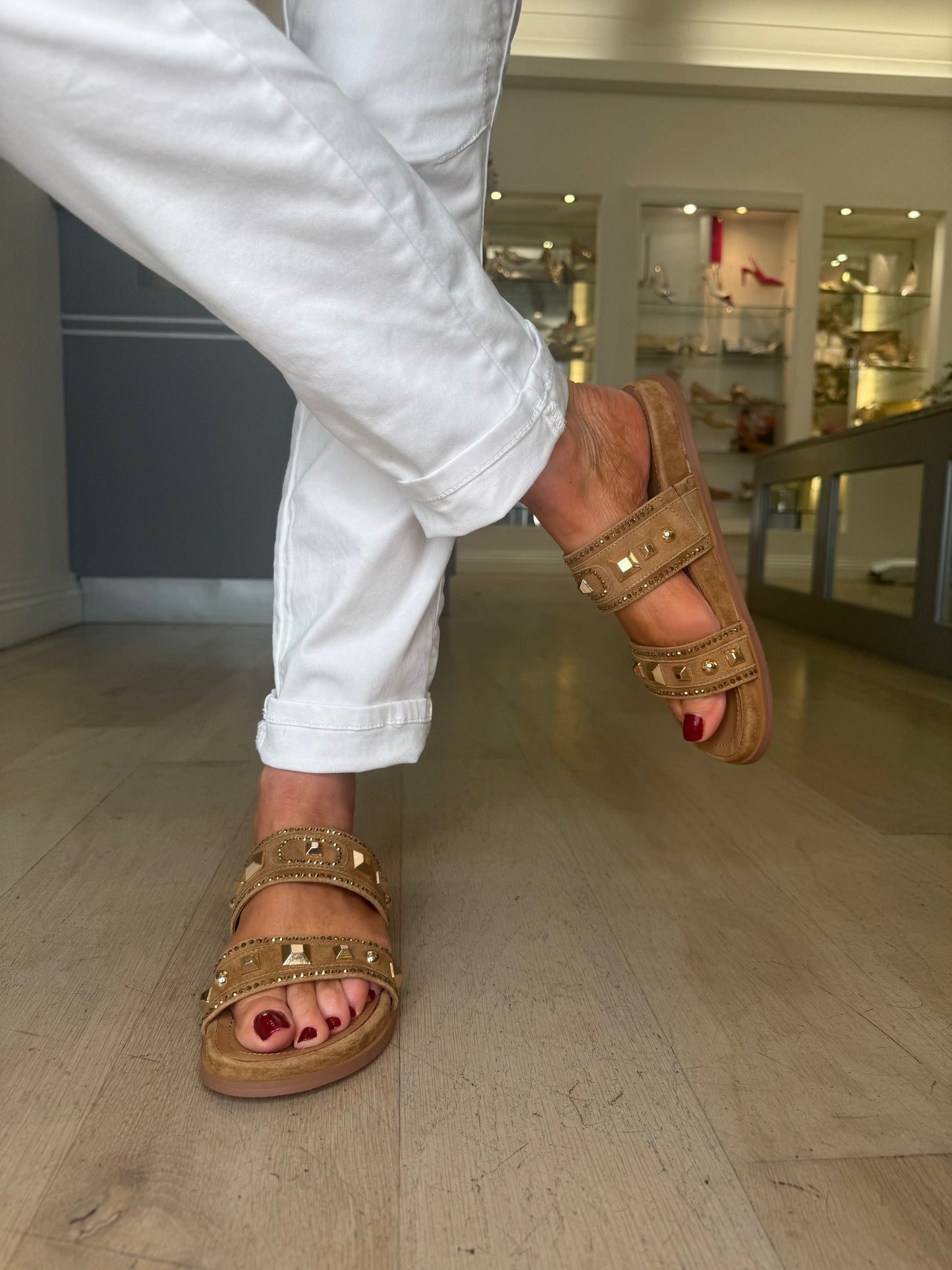 Lodi - Camel Suede 2 Strap Slider With Gold Stud Trim