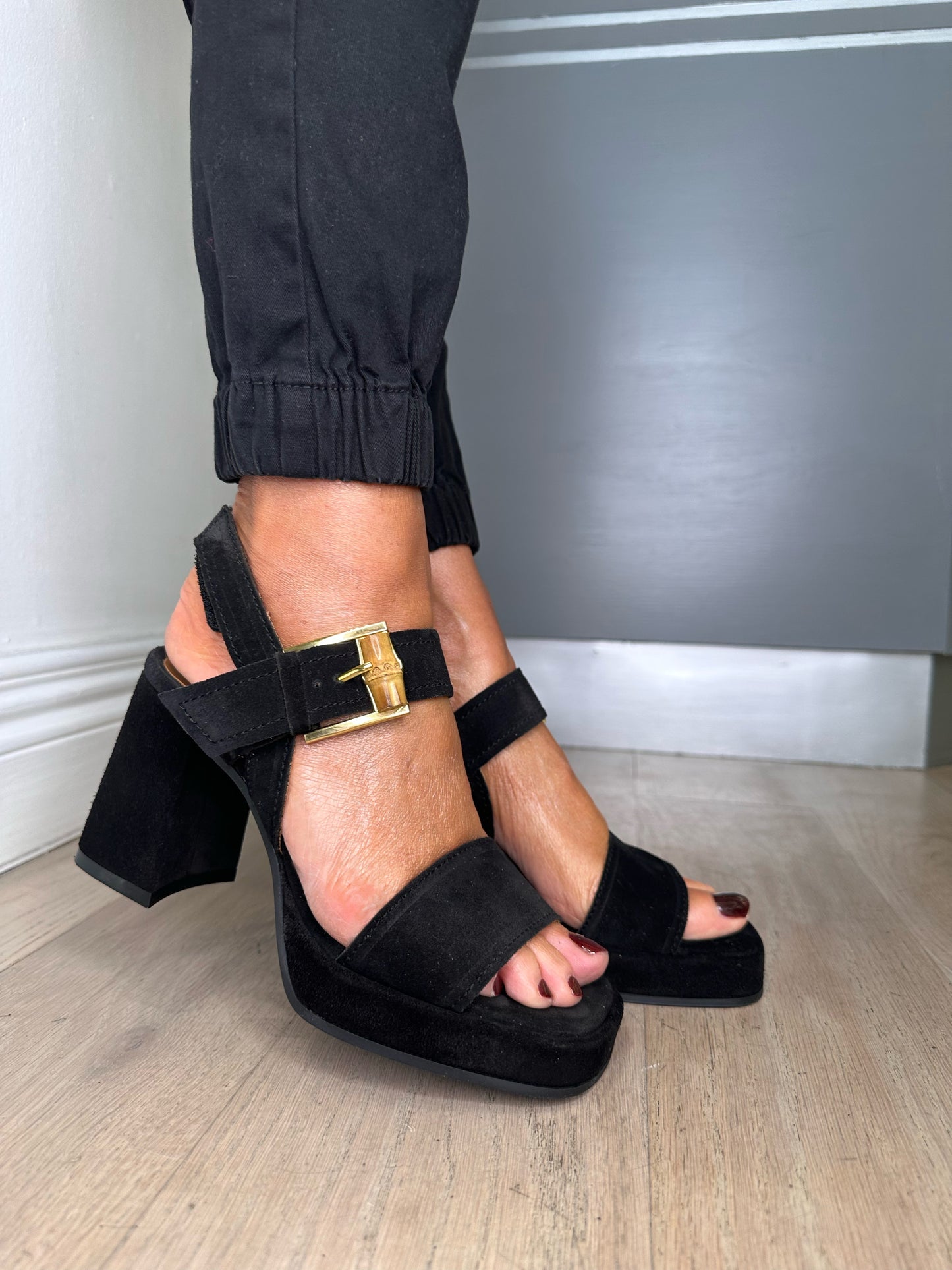 Alpe -Black Suede 2 Strap Block Heel Sandal With Platform Sole