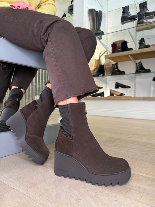 Marco Moreo - Rich Brown Suede Chunky Sole Wedge Boot With Frill Detail