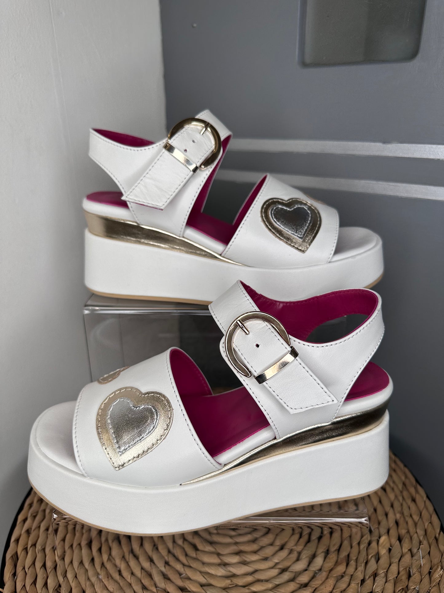 Marco Moreo - White Wedge Sandal With Gold/Silver Hearts