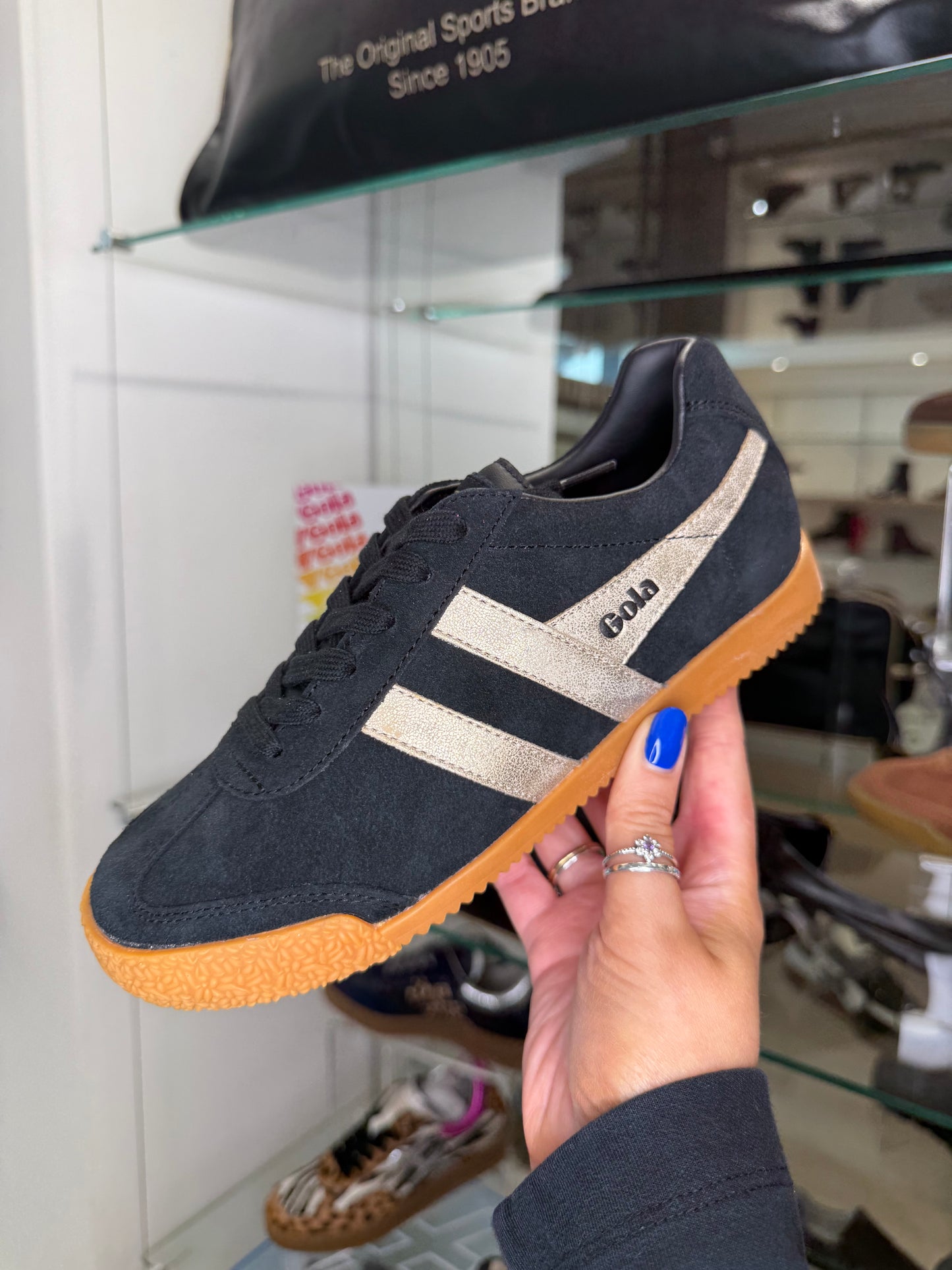 Gola -Harrier Mirror Black Suede Trainer With Gold Metallic Trim
