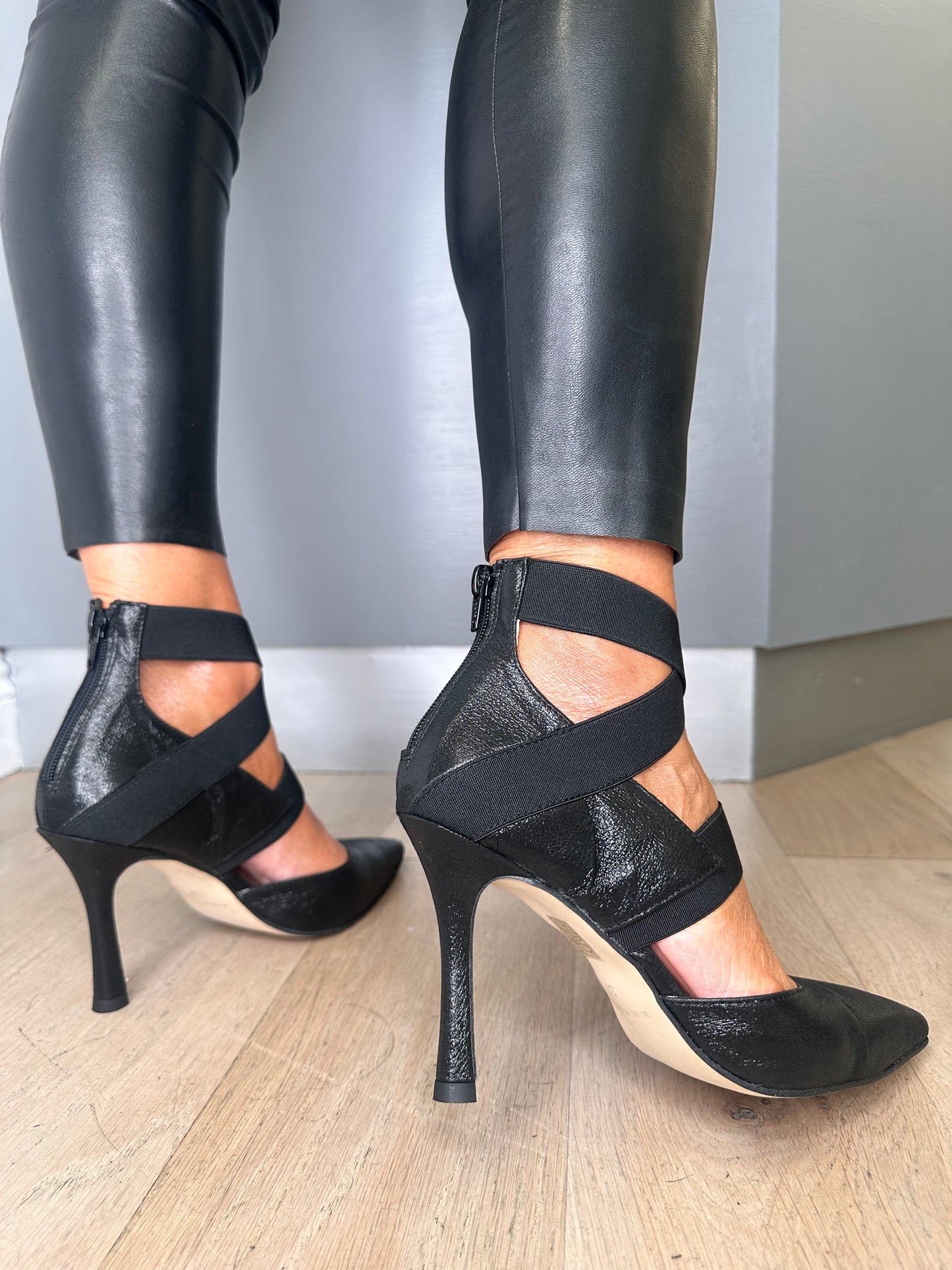 Marian - Black Strappy Shimmer Fabric Pointy Heels