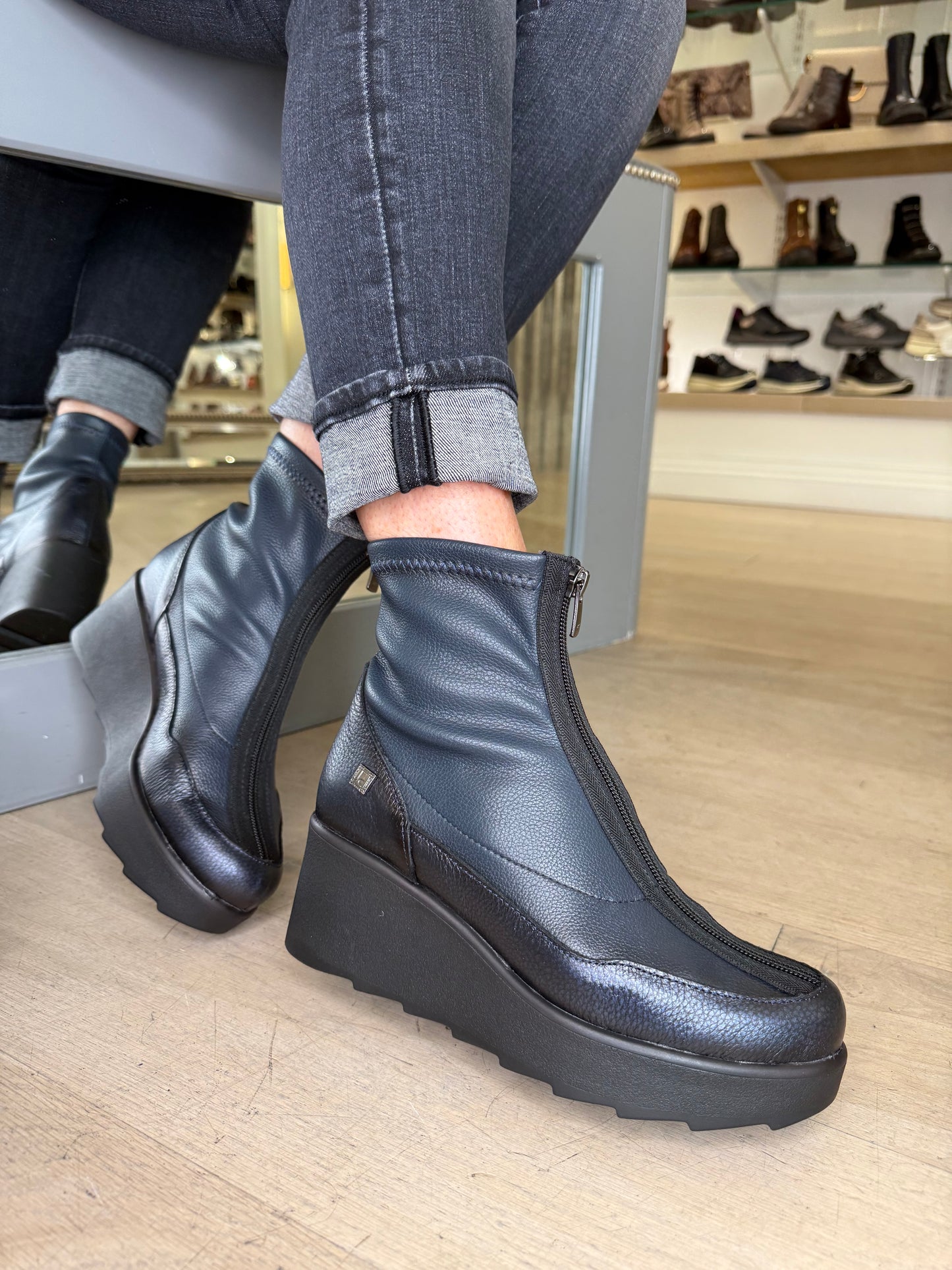 Jose Saenz -Metallic Navy/ Black Mix Wedge Boot