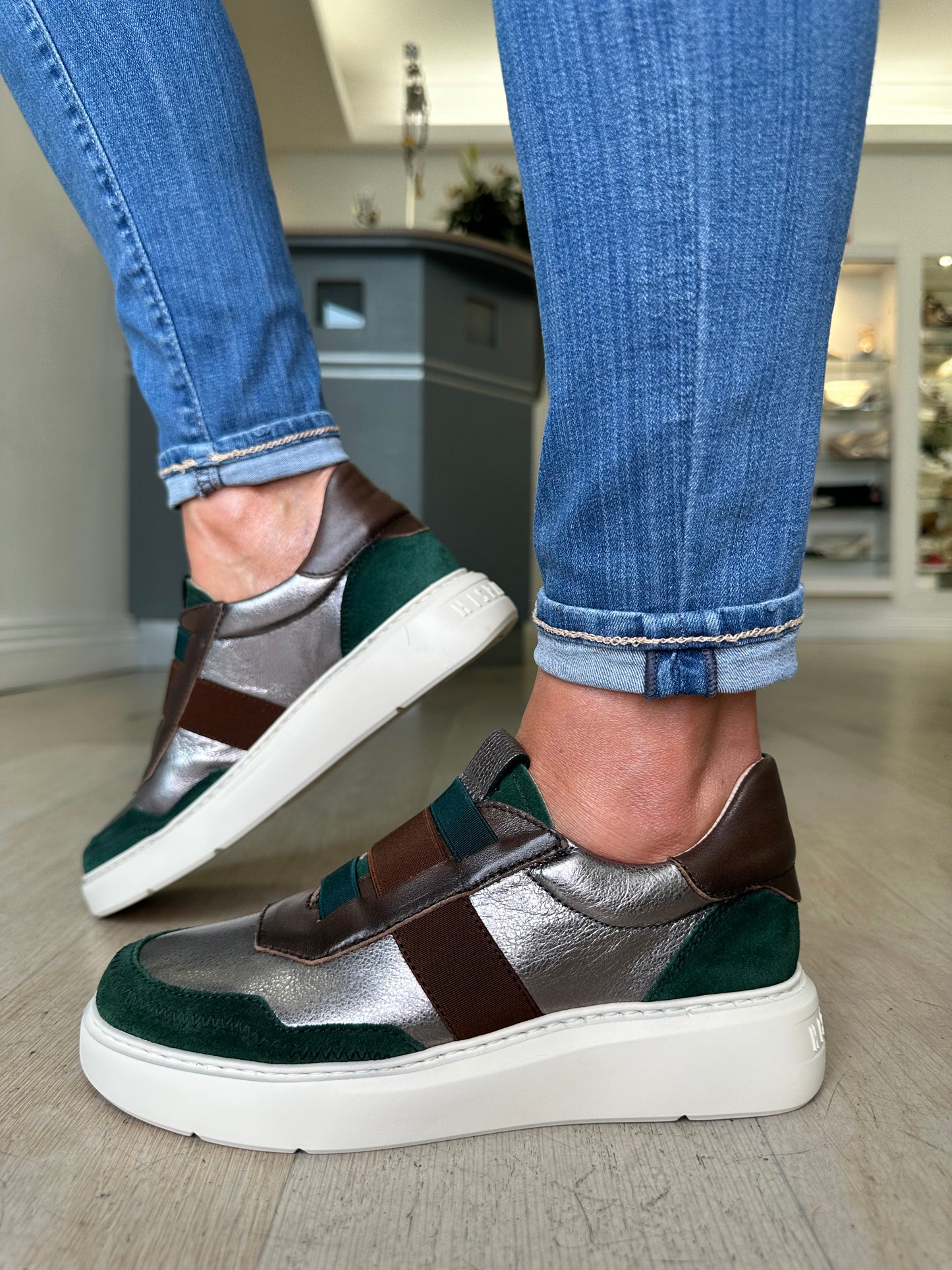 Hispanitas - Forest Green Suede / Metallic Pewter & Chocolate Brown Mix Pull On Trainer