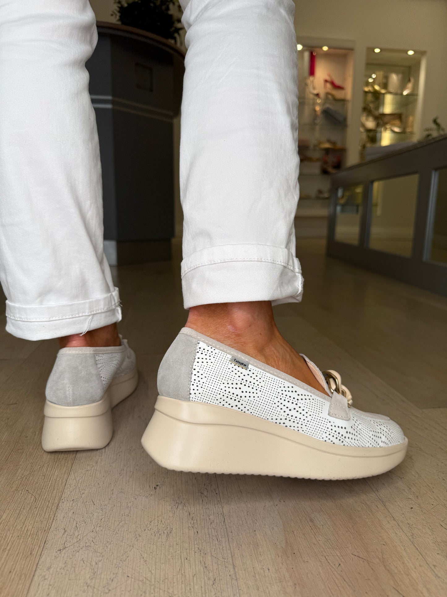 Callaghan -White Leather & Taupe Suede Slip On Wedge Shoe