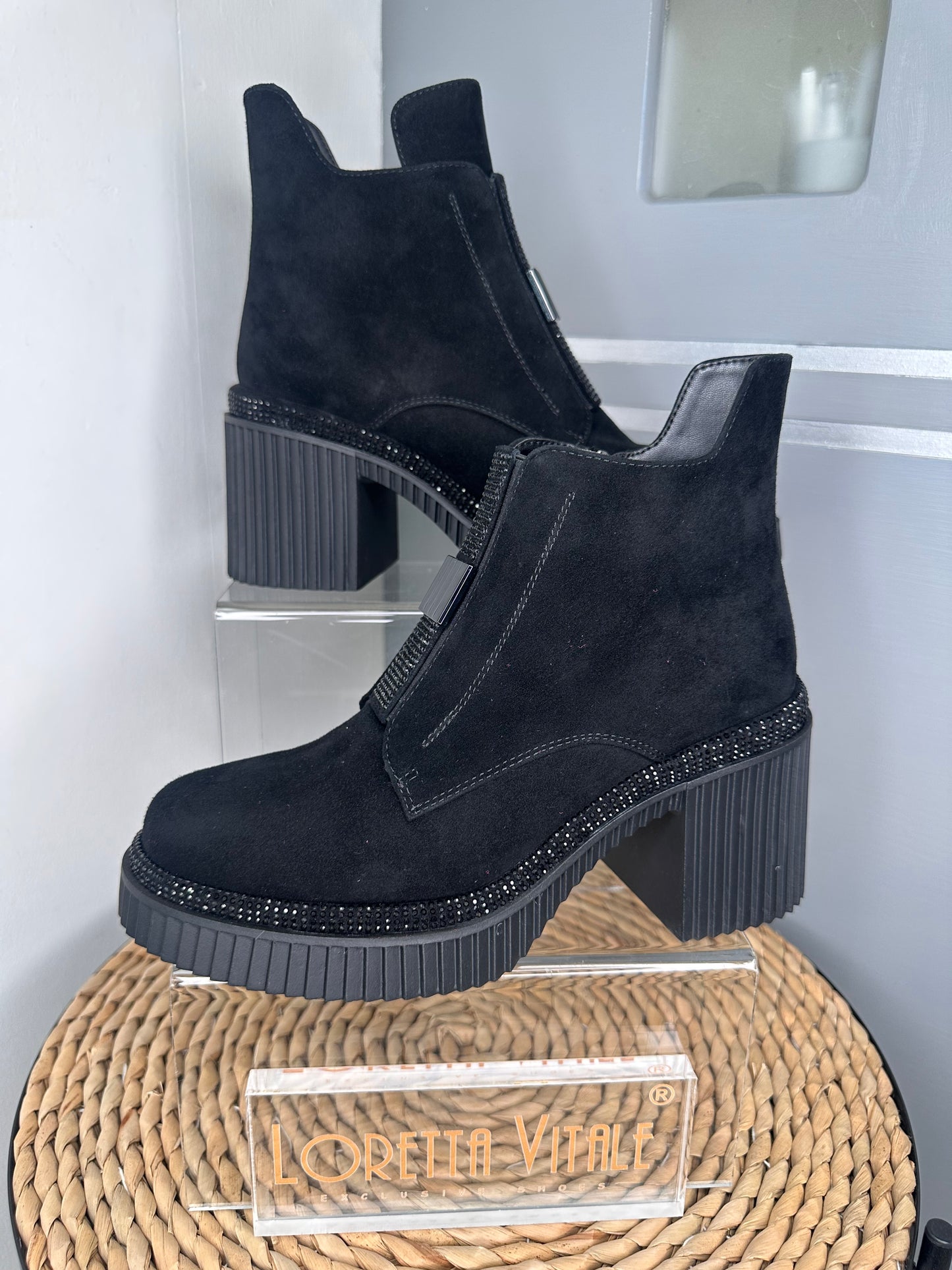 Loretta Vitale - Black Suede Block Heel Boot With Black Stone Trim