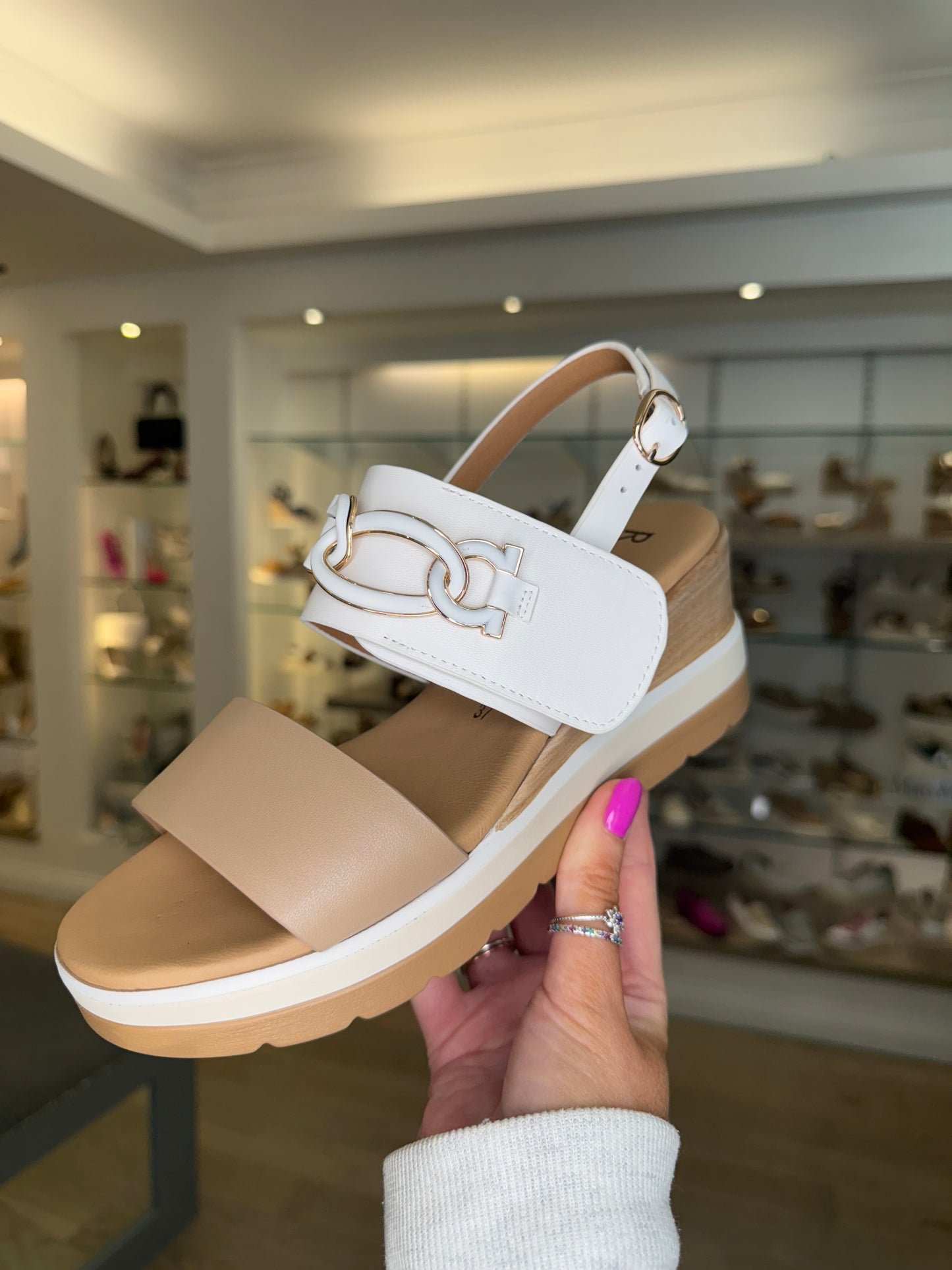Repo - White & Beige Leather Velcro Wedge Sandal