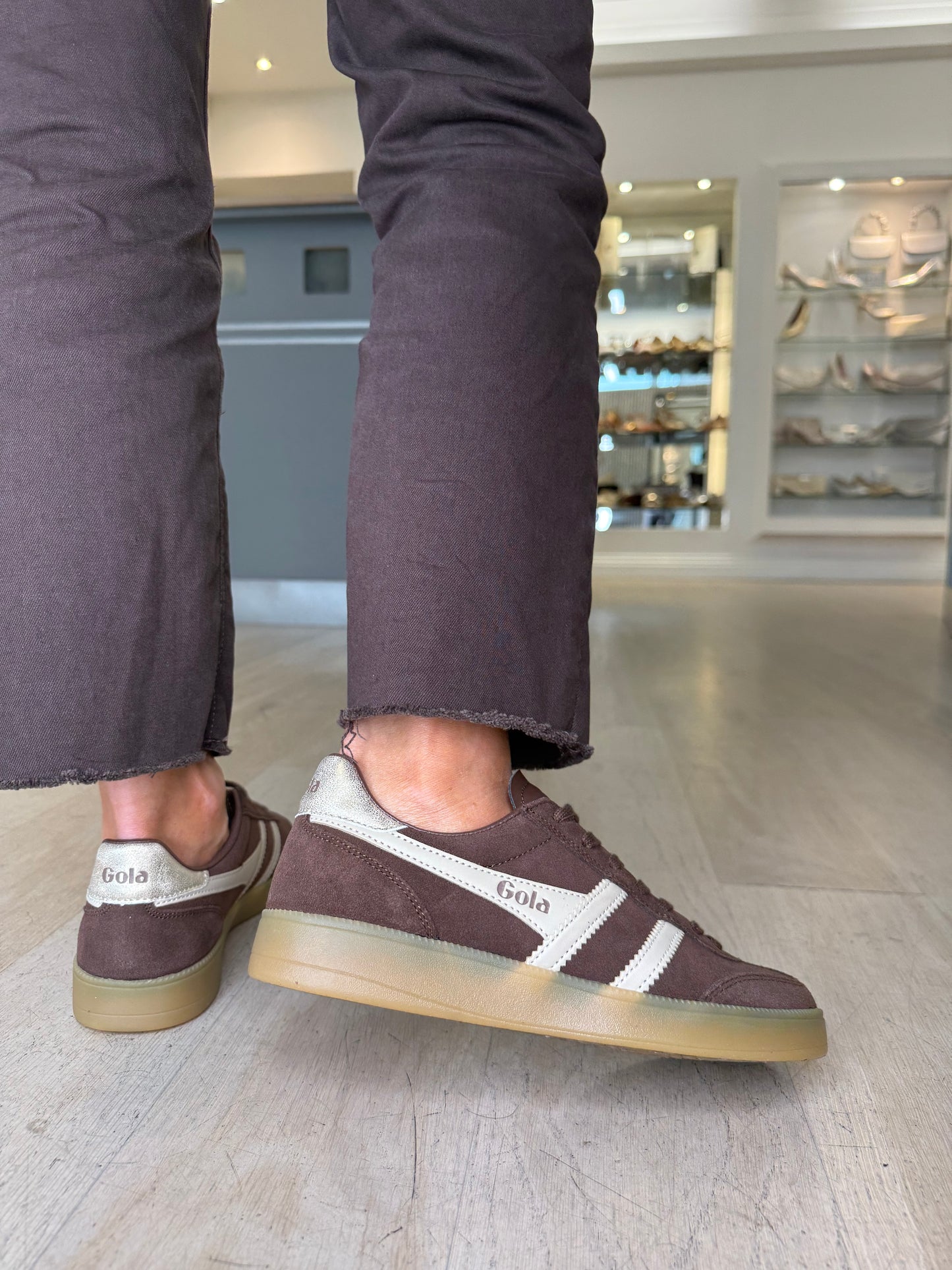Gola -Viper Rich Brown Suede Trainer With Bone & Gold Coloured Trim
