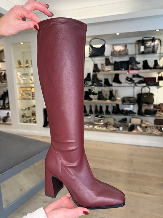 Pedro Anton- Long Wine Stretch Boot With Platform Sole & Block Heel