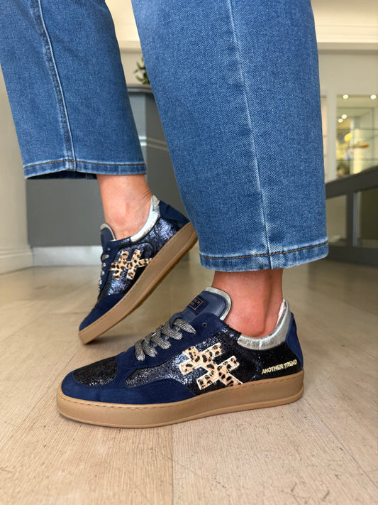Another Trend -Multi Suede Navy Mix Trainer With Leopard Print & Metallic Silver Trim