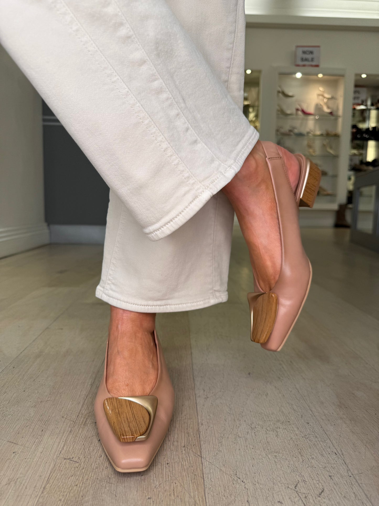 Hispanitas -Almond Tan Leather Slingback Shoe With Matt Gold Trim
