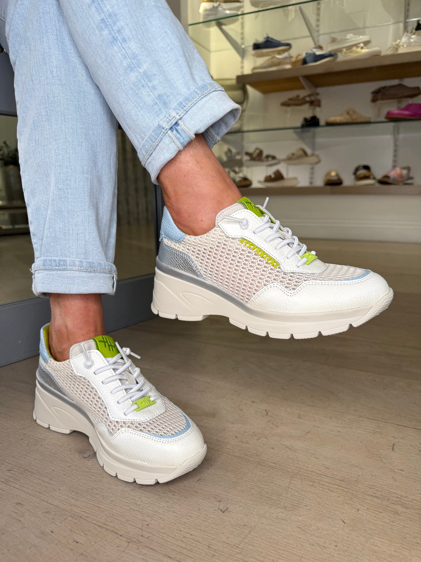 Hispanitas - White Leather Trainer With Lime, Silver & Blue Mix Trim