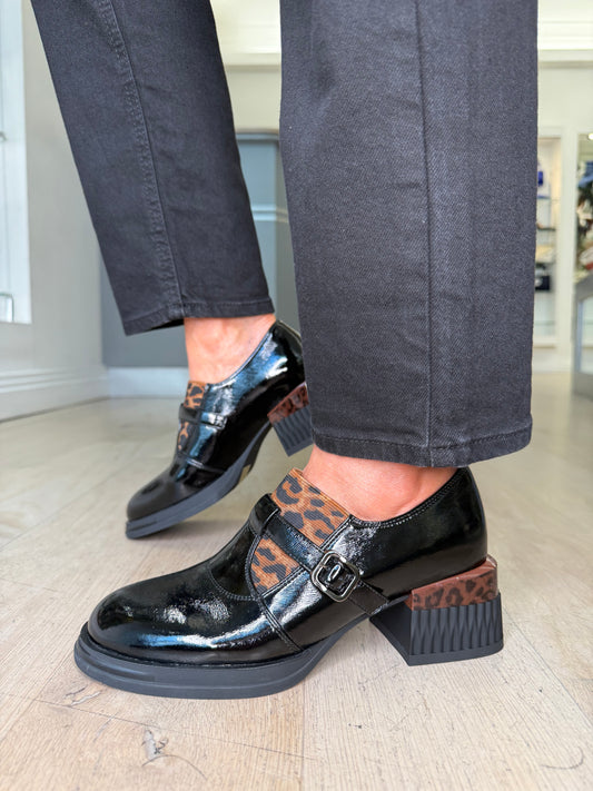 Loretta Vitale - Black Patent Block Heel Brogue Wit Leopard Print Trim