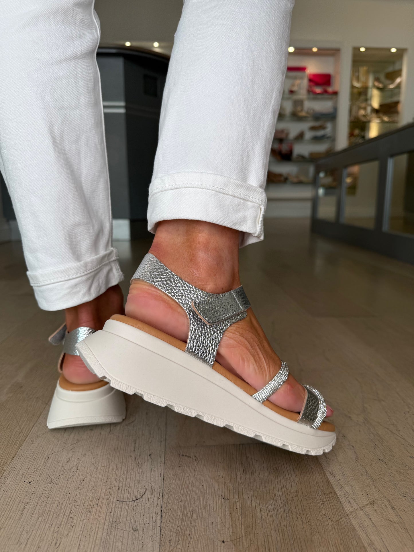 Oh My Sandals - Soft Silver Metallic Strappy Diamante Sporty Sole Sandal